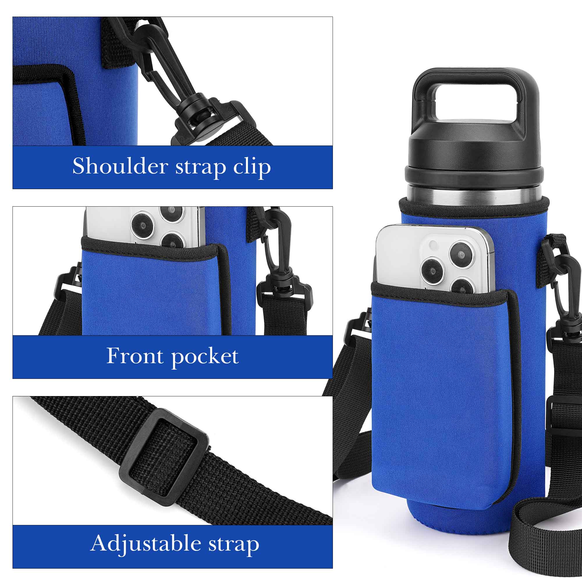 Linkidea Water Bottle Carrier with Strap Compatible with YETI Rambler Bottle 18oz, Yonder Bottle 600ml/20oz, Waterbottle Sling Bag Holder, Shoulder Strap with Phone Pocket (Blue)
