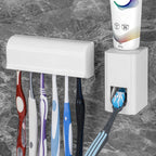 Linkidea Wall Mount Toothbrush Holder and Toothpaste Dispenser, Plastic Self Adhesive 6 Slots Tooth Brush with Cover for Bathroom, Compatible with Oral-B CrossAction, Colgate Extra Clean