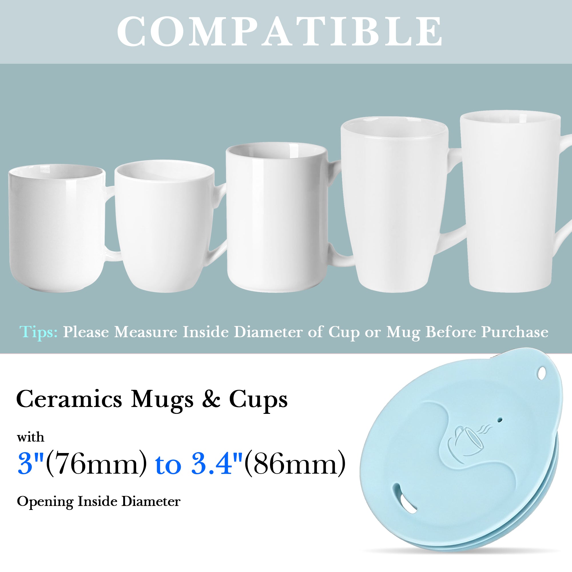 Linkidea 2 Pack Silicone Coffee Mug Lid for 3"(76mm) to 3.4"(86mm) Inside Diameter Mugs, Splash Resistant Replacement Mug Lid for Home, Office, Travel, Dishwasher-Safe (Blue)