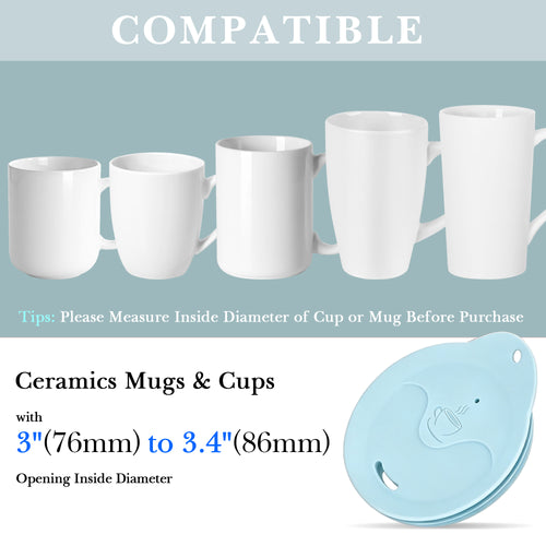 Linkidea 2 Pack Silicone Coffee Mug Lid for 3"(76mm) to 3.4"(86mm) Inside Diameter Mugs, Splash Resistant Replacement Mug Lid for Home, Office, Travel, Dishwasher-Safe (Blue)