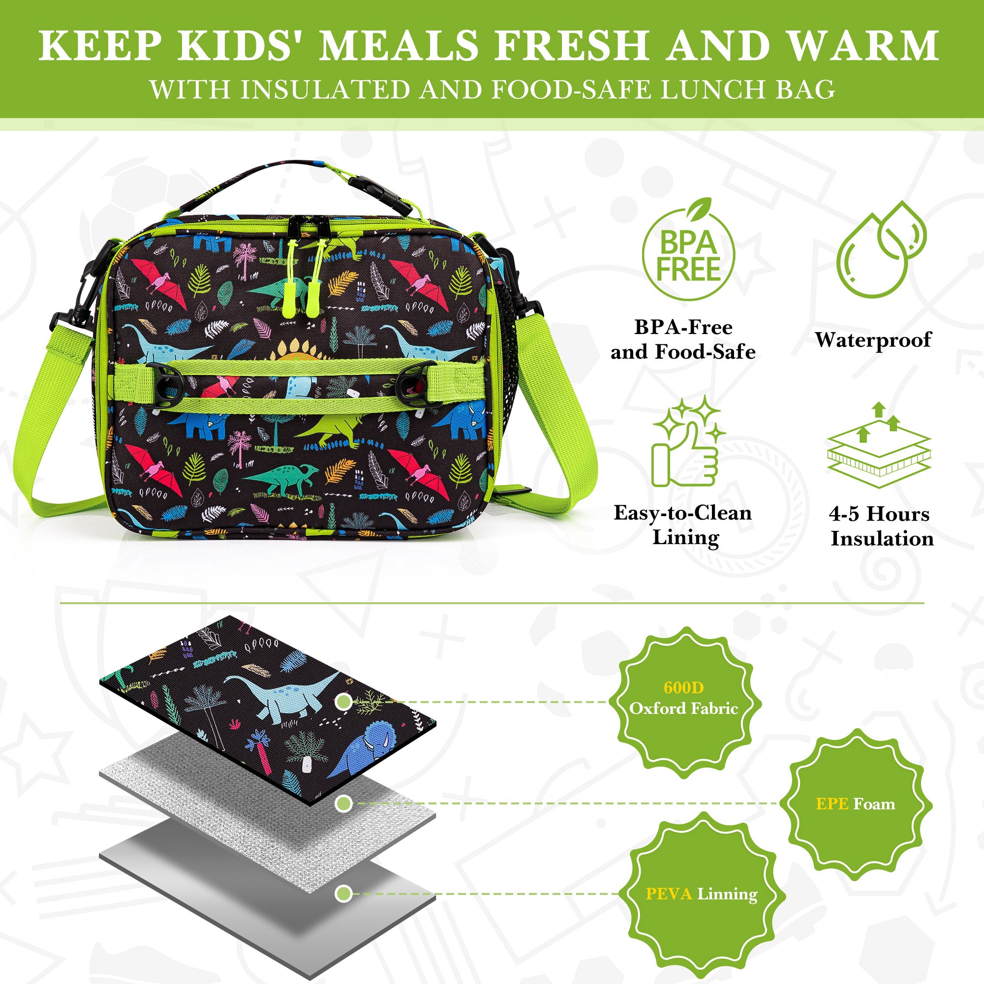 Linkidea Lunch Bag Compatible with Bentgo Lunch Boxes, Insulated Lunch Bag for Kids, Holds Lunch Box, Water Bottle and Snacks, Easy-Clean Water-Resistant Fabric (Dinosaur)