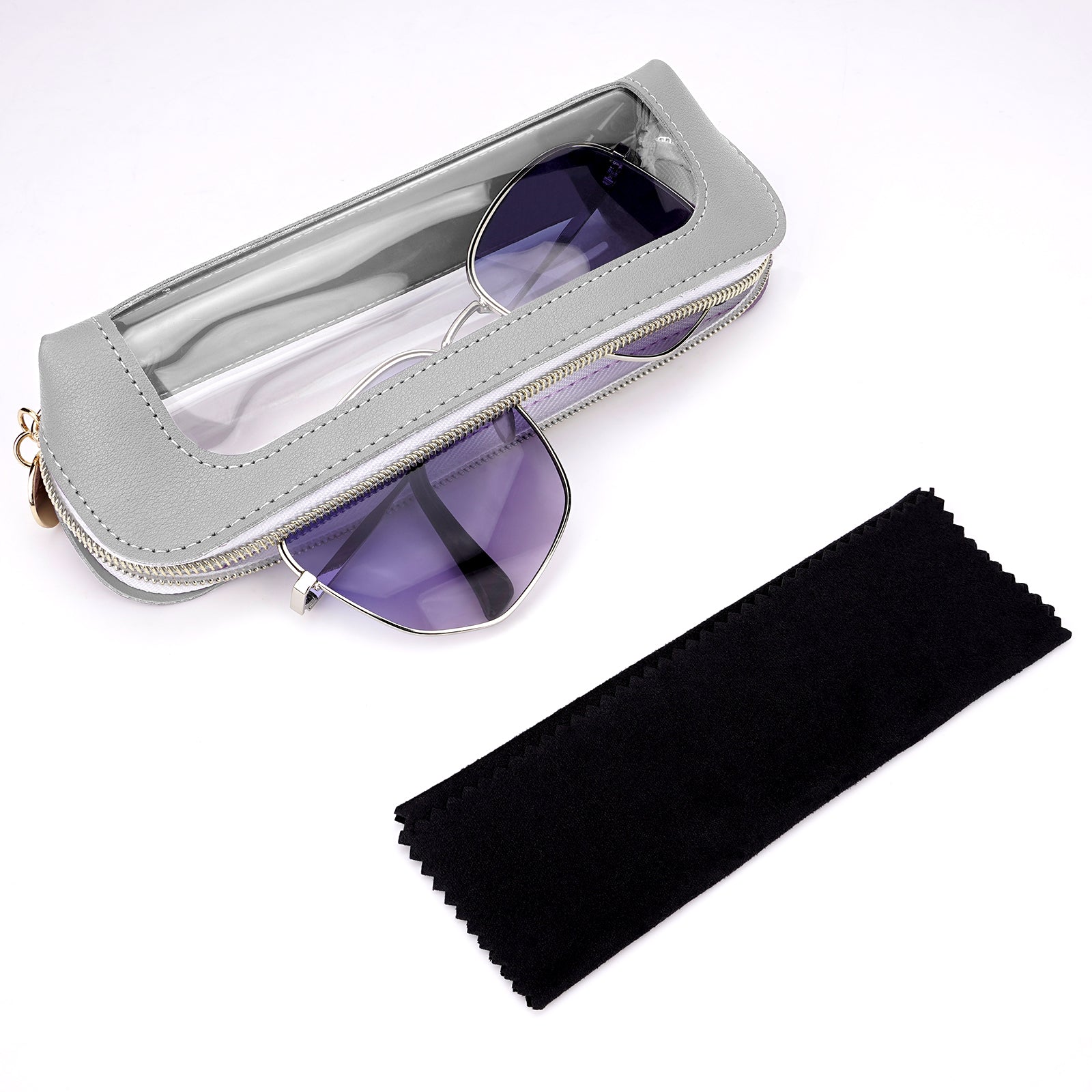 Extra Large Sunglasses Pouch Case, Vegan Leather Clear Sun Glasses Organizer Soft Bag Compatible with RB3026 RB3025 RB3689 FT0783 FT0783 FT0965 GG1422S GG1440S (XXL, Grey)