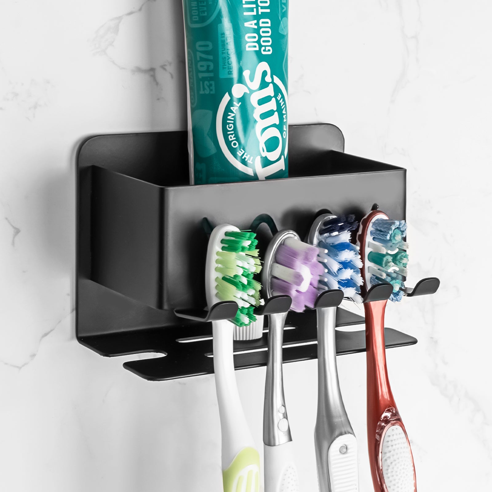 Linkidea Wall Mounted Toothbrush Holder for Shower, Stainless Steel 4 Slot Tooth Brush and Toothpaste Hanger, Self-Adhesive Organizer Compatible with Colgate Extra Clean, Oral-B CrossAction(Black)