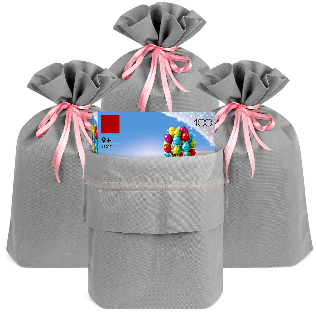 Linkidea 4 Pack Reusable Drawstring Gift Bags, Fabric Toy Storage Pouch for Building Blocks & Bricks, Party Favor Bags for Birthday, Christmas, Multi-Purpose Present Storage Bags (Grey)