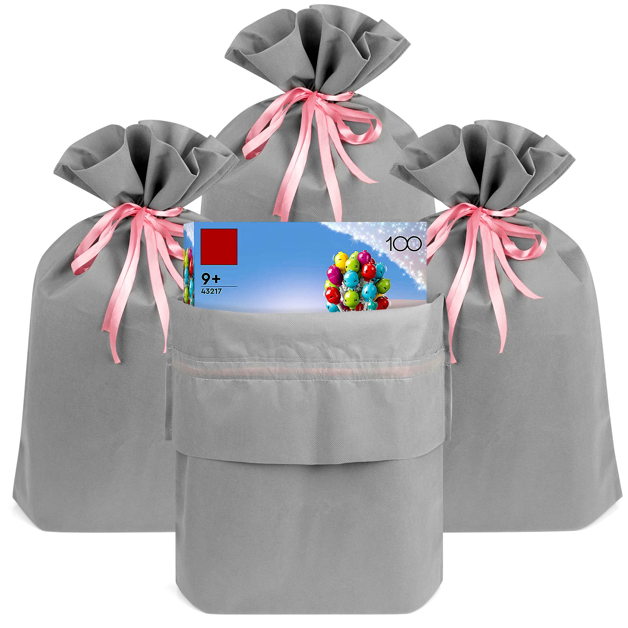 Linkidea 4 Pack Reusable Drawstring Gift Bags, Fabric Toy Storage Pouch for Building Blocks & Bricks, Party Favor Bags for Birthday, Christmas, Multi-Purpose Present Storage Bags (Grey)