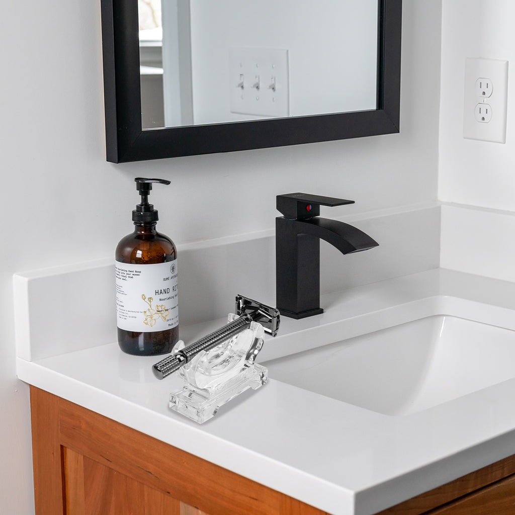 Linkidea Acrylic Men's Razor Stand Holder, Stable Storage Bracket Bathroom Countertop Organizer, Easy Clean, Compatible with Gillette Fusion 5 Power, Merkur 23C, Shaving Revolution (Clear)