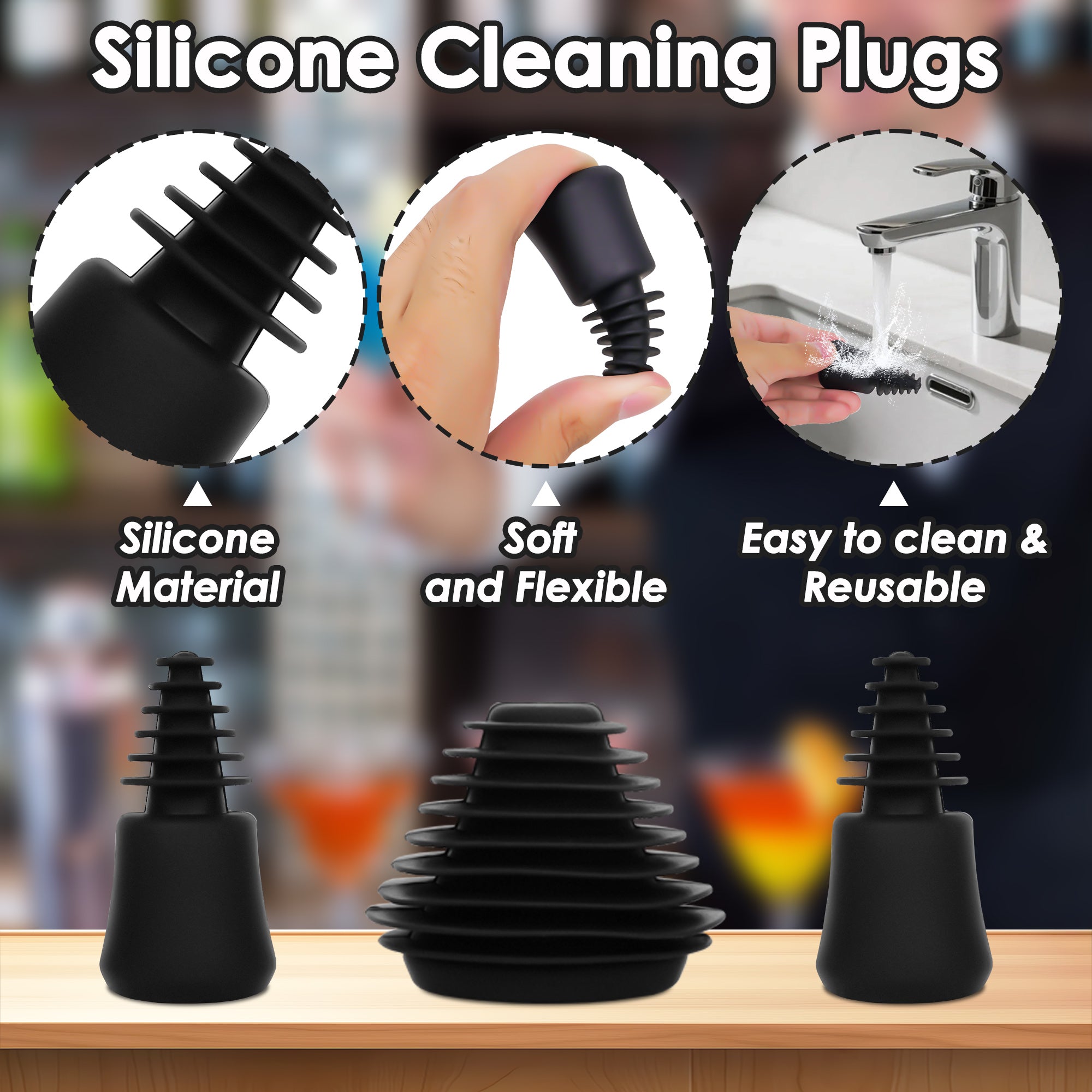 Linkidea 3 Pack Silicone Cleaning Plugs, Reusable Leak-Proof Seal Stoppers for Hookah Bottle & Tube Washing, Compatible with RooRtechs / Wookah (Black)