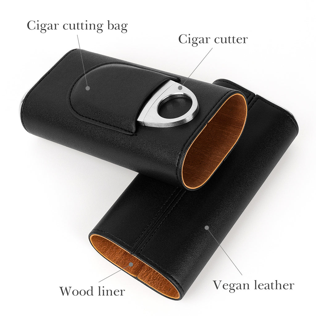 Linkidea Travel Cigar Humidor Case, Luxury Vegan Leather Portable Cigar Holder with Cedar Wood Lining, Holds 3 Cigars, Stainless Steel Cutter, Gift for Men & Business Travel (Black)