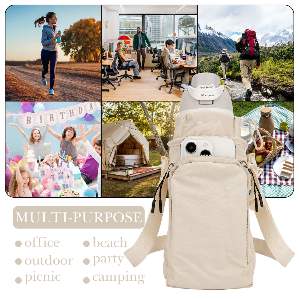 Linkidea Water Bottle Carrier with Strap Compatible with Owala FreeSip 24oz/32oz, IRON FLASK Wide Mouth 32oz, Bottle Shoulder Strap Bag Holder with Phone Pocket (Beige)