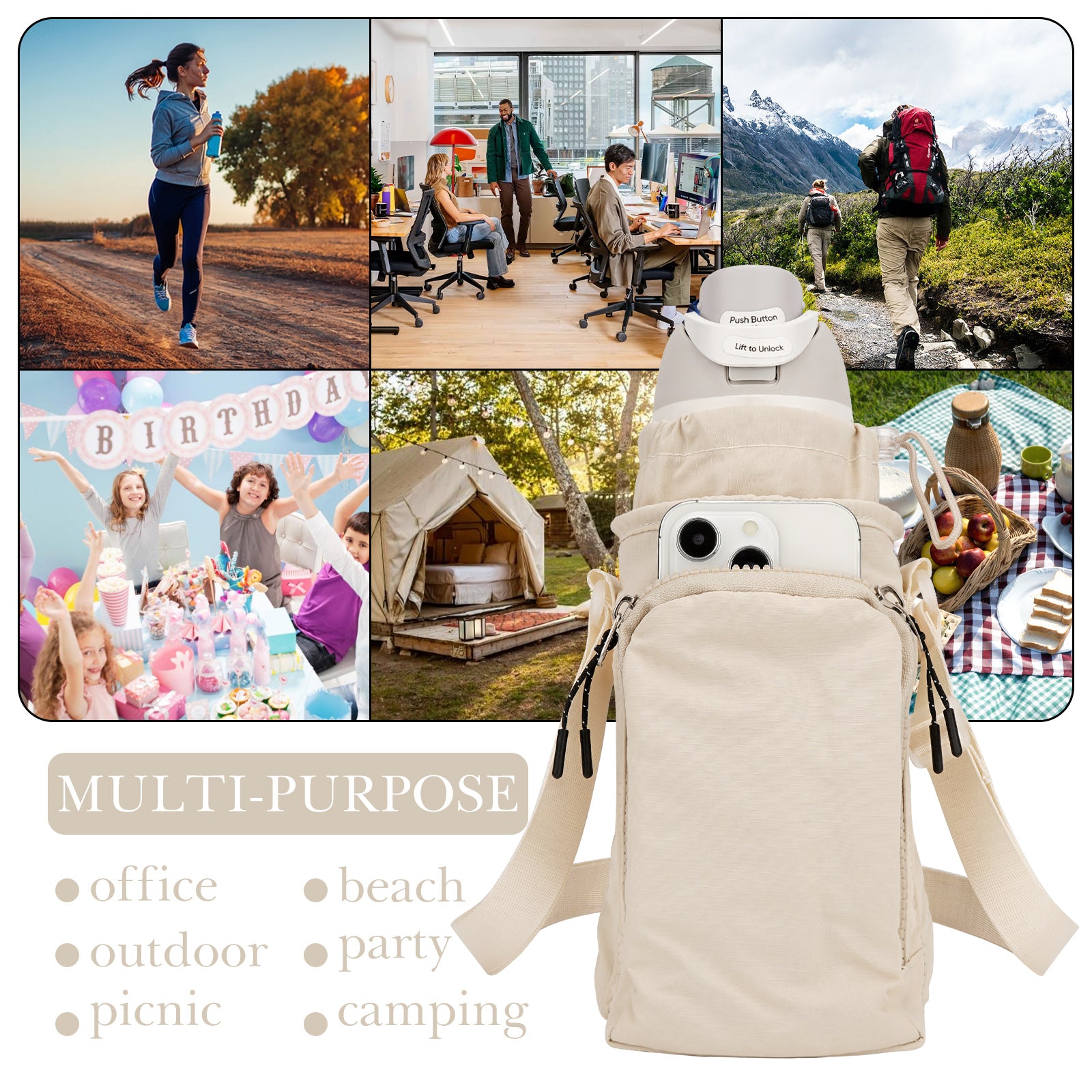 Linkidea Water Bottle Carrier with Strap Compatible with Owala FreeSip 24oz/32oz, IRON FLASK Wide Mouth 32oz, Bottle Shoulder Strap Bag Holder with Phone Pocket (Beige)
