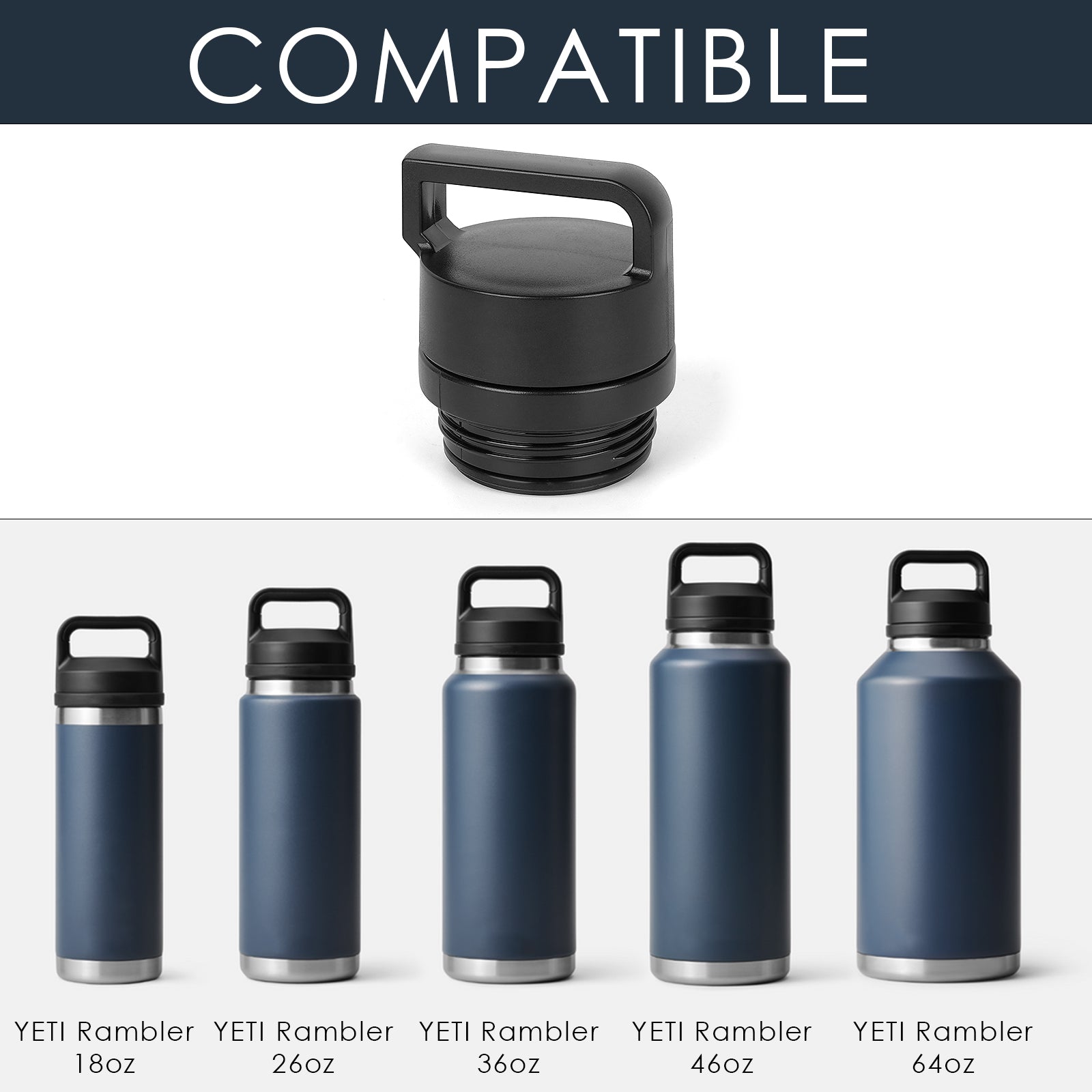 Linkidea Water Bottle Lid Built-in Tea Infuser Compatible with YETI Rambler Bottle 18oz/26oz/36oz/46oz/64oz Chug Cap, Water Bottle Replacement Cap with Handle, Fruit and Ice Strainer (Black)