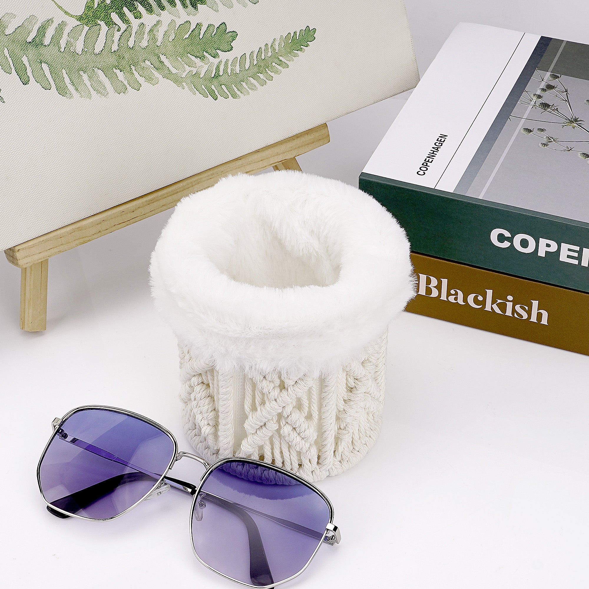 Extra Large Sunglasses Desk Holder Stand, White Cotton Rope Eyewear Desk Display with Plush Lining Compatible with RayBan RB8089/RB4098/RB3825/RB4376 Gucci GG0713S/GG1556S