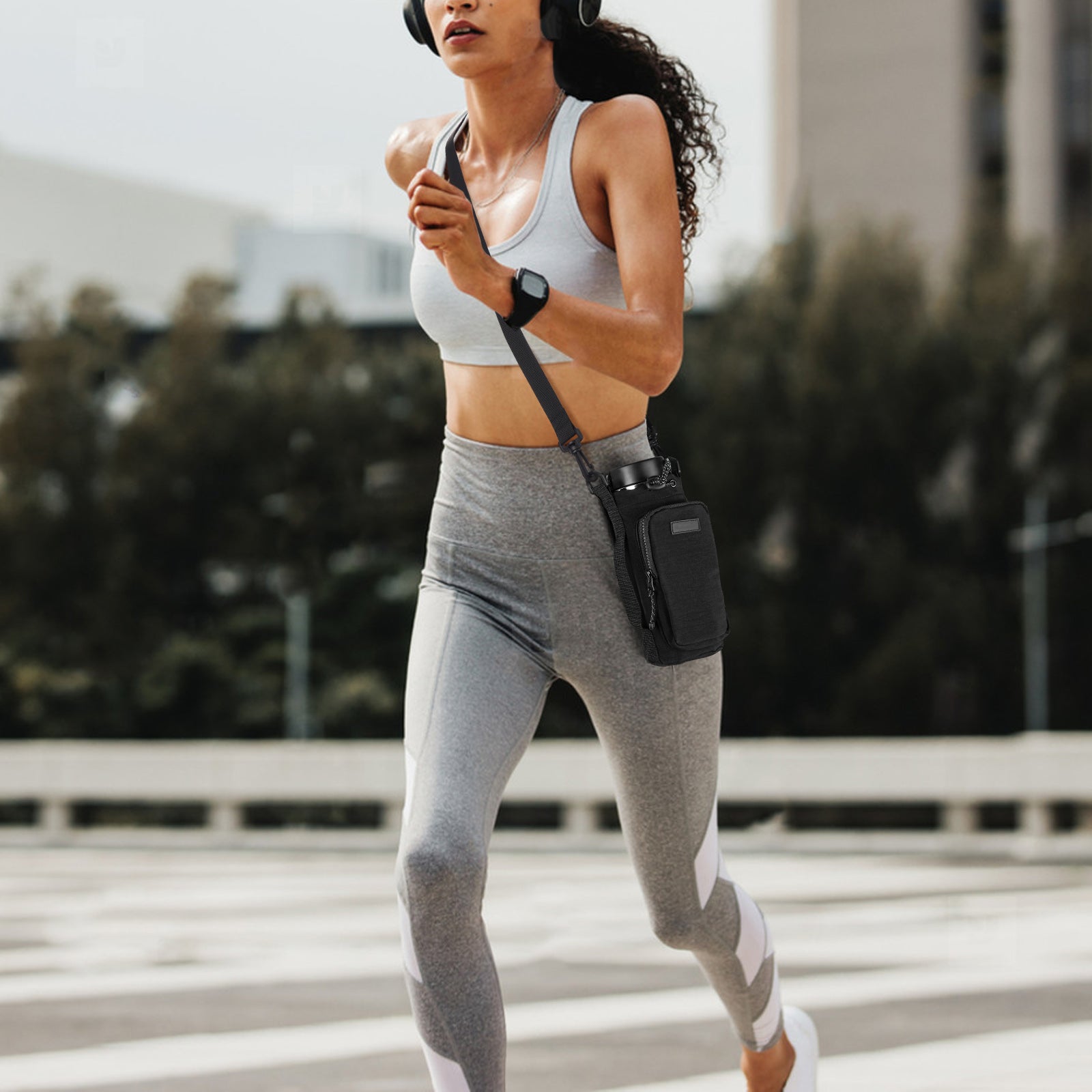 Linkidea Water Bottle Carrier with Strap Compatible with YETI Rambler Bottle 18oz/26oz, Owala FreeSip 24oz/32oz, Waterbottle Sling Bag Holder, Shoulder Strap with Phone Pocket (Black)