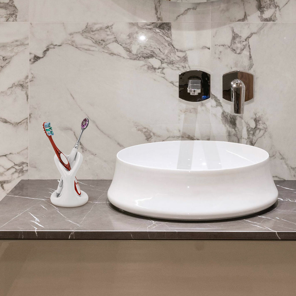 Linkidea Countertop Manual Toothbrush Holder for Bathroom, Unique Ceramic Vanity Organizer Stand Compatible with Oral-B CrossAction, Colgate Extra Clean, Reach Essentials Toothbrush (White)