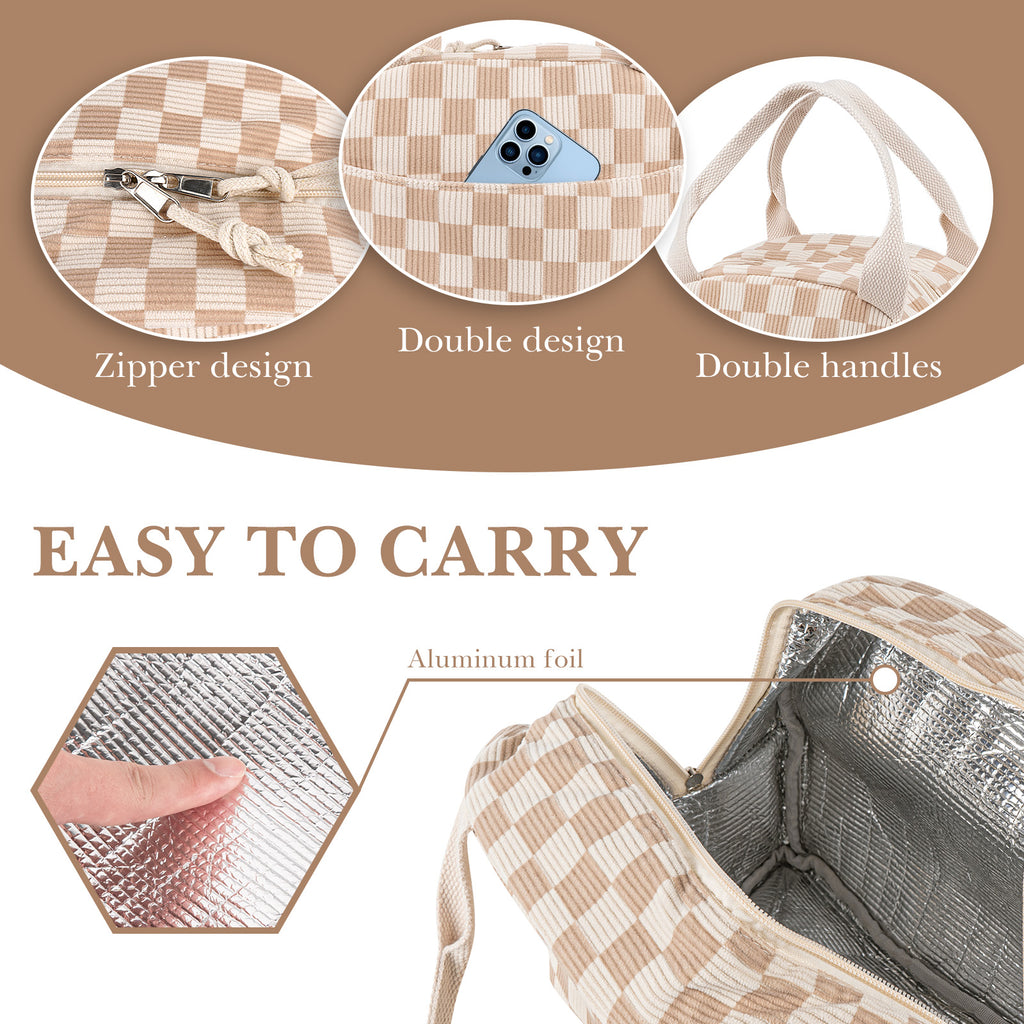 Linkidea Lunch Box for Adult, Corduroy Lunch Bag with Hand Strap, Large Capacity Lunch Bag for Everyday Outings, Compatible with Crock Pot, DUPASU, Aotto, LUNCHEAZE (Brown)