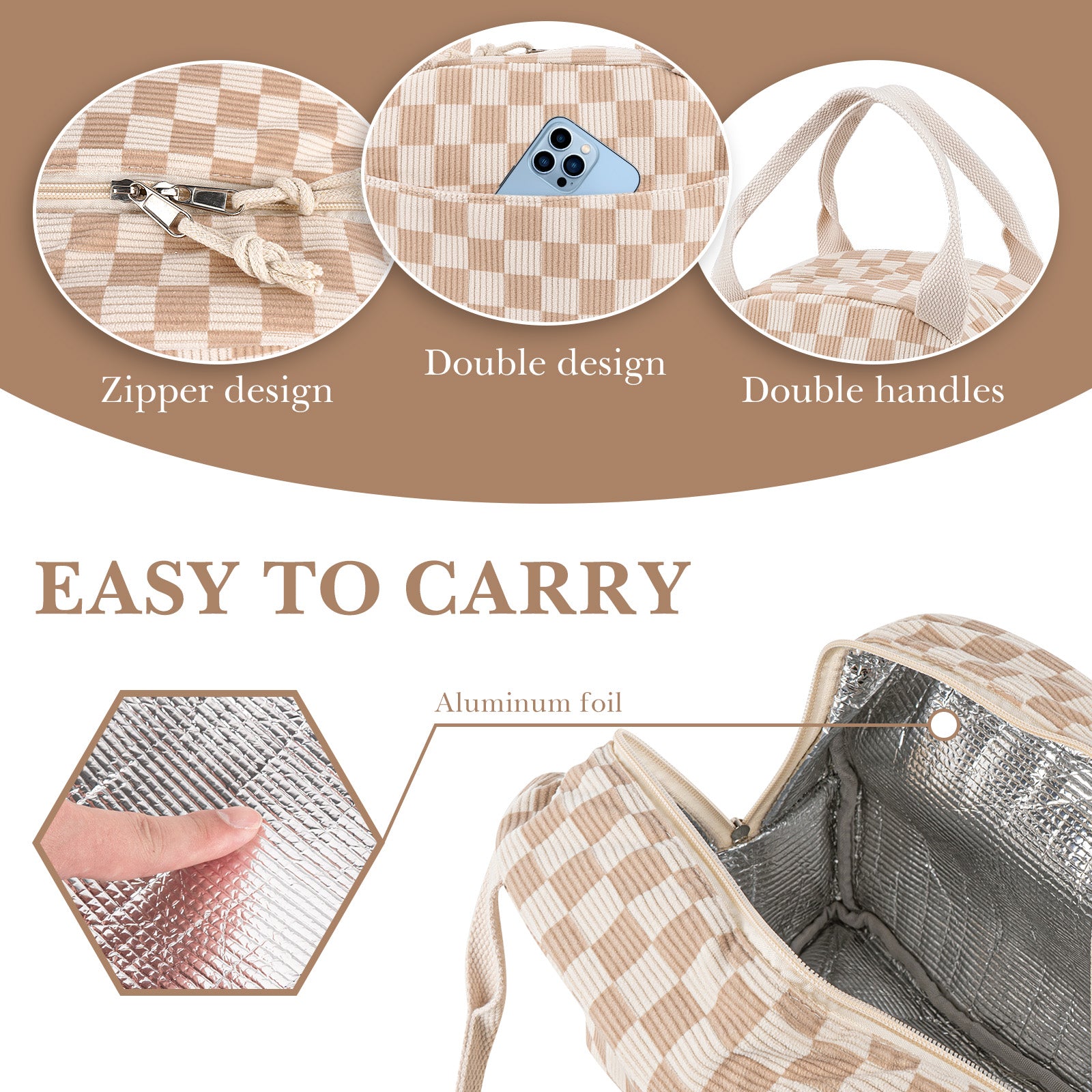 Linkidea Lunch Box for Adult, Corduroy Lunch Bag with Hand Strap, Large Capacity Lunch Bag for Everyday Outings, Compatible with Crock Pot, DUPASU, Aotto, LUNCHEAZE (Brown)