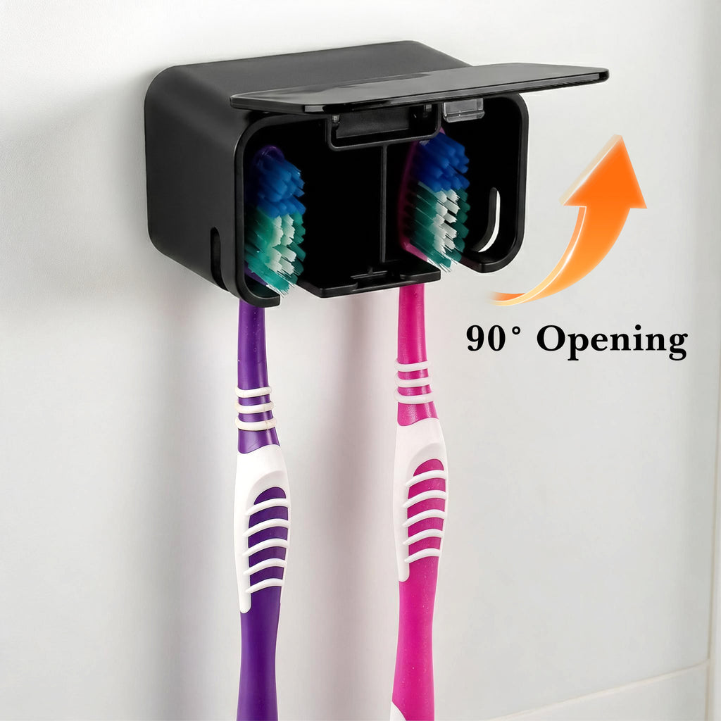 Linkidea 2-Pack Self Adhesive Toothbrush Holder with Dustproof Cover, Dual Slots Brush Hanger for Shower, Compatible with Colgate Renewal, Oral-B CrossAction Toothbrush, Black