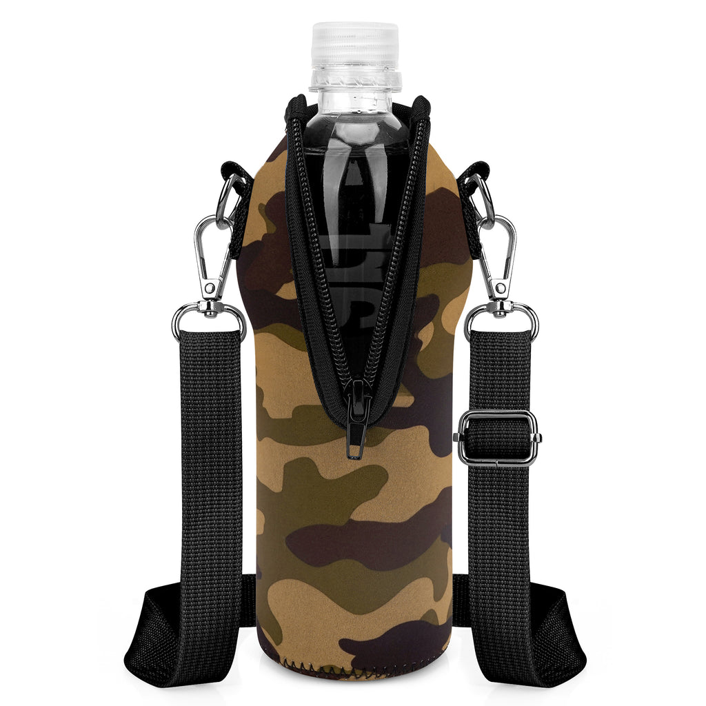 Linkidea Disposable Water Bottle Carrier with Strap Compatible with Smartwater 16.9/20Fl Oz, Insulated Neoprene Plastic Bottled Water Cover Holder with Clip for Backpack (Camo)