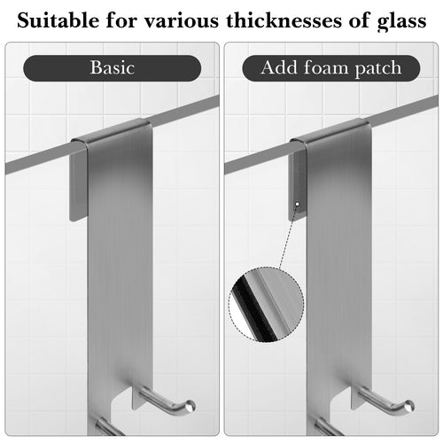Linkidea 2 Pack Shower Over Door Hook, 7" Stainless Steel Extend Hook for Shower, Bathroom Hanger with Non-Slip Sponge Pad for Frameless Glass Doors (Silver)