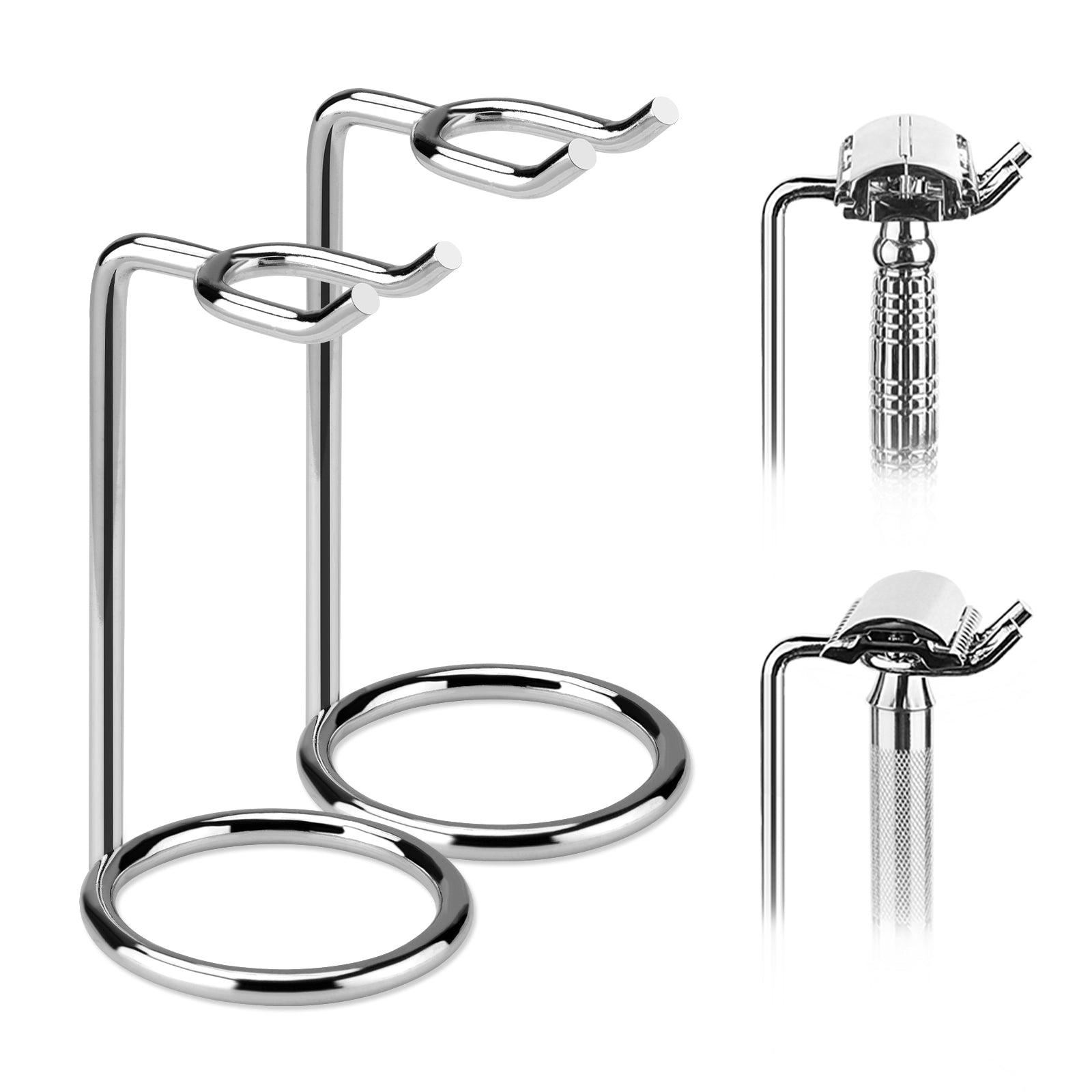 Linkidea 2 Pack Short Handle Safety Razor Stand, Stainless Steel Shaving Razor Holder, Deluxe Men's Travel Shaver Stand, Only Compatible with Razor Handle Less Than 3.5'' (Silver)