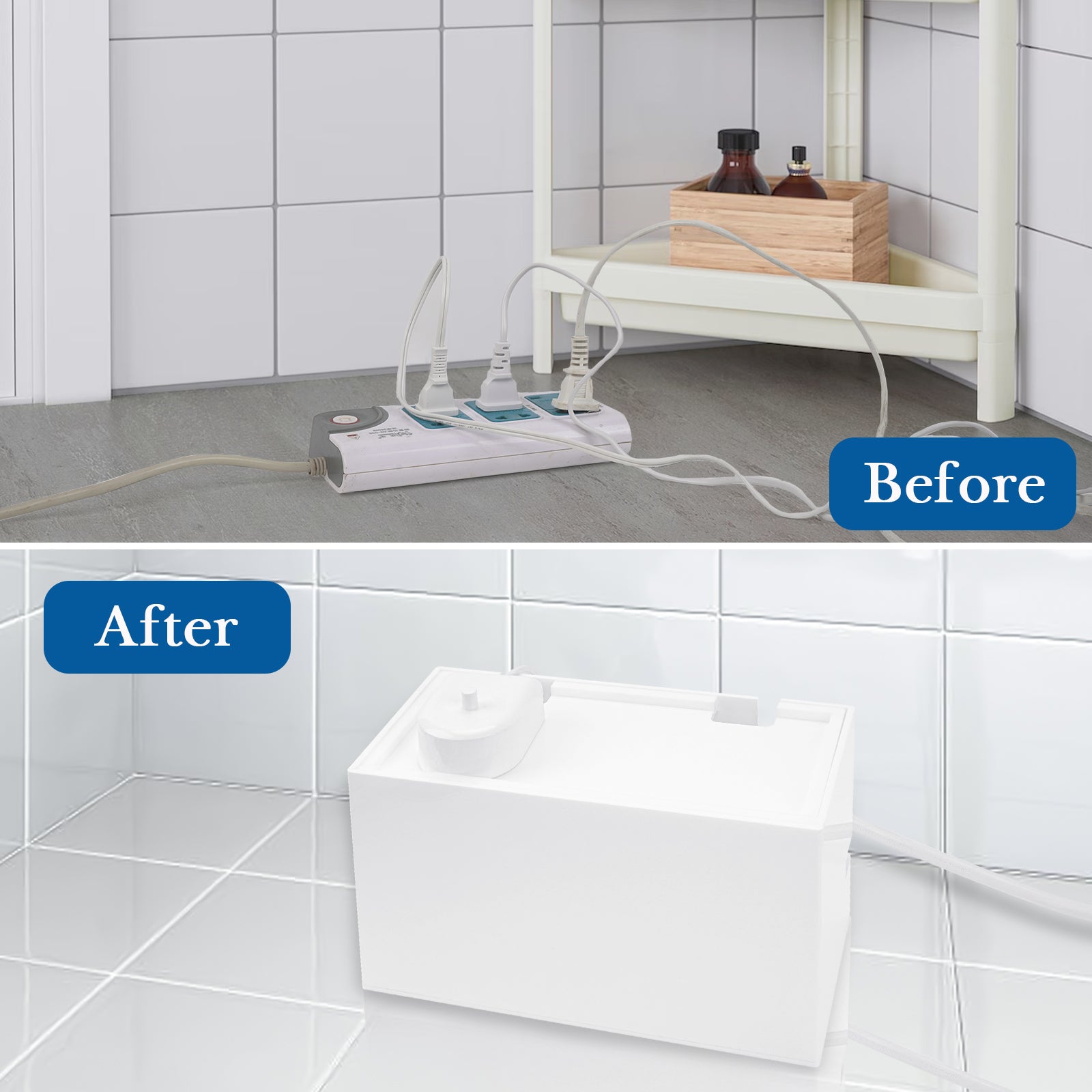 Linkidea Bathroom Cable Organizer Box, Compatible with Electric Toothbrush and Razor, Charger & Power Strip Storage Solution, Keep Countertop Clean (White / Power Strip Not Included)