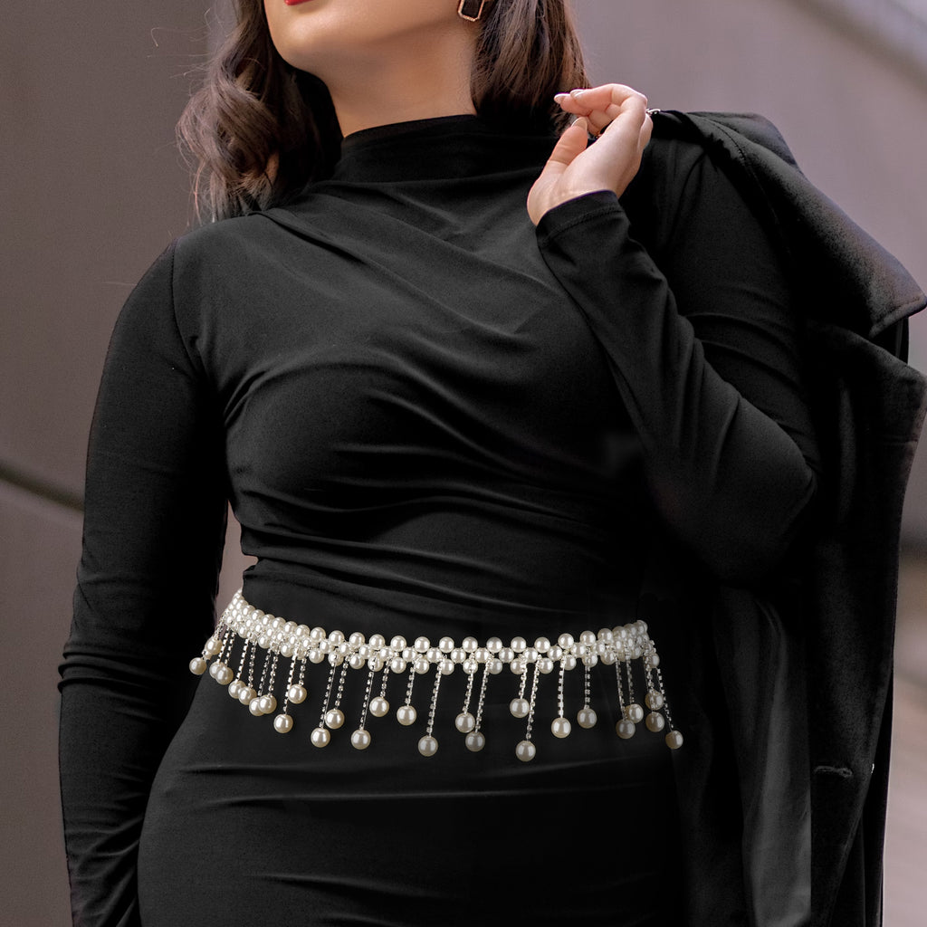 Plus Size Chain Belt for Women, Silver and White Faux Pearl Waist Belt, 49 Inch Adjustable Extra Long Body Decorate for Dresses, Party, Casual Wear, Fashion Jewelry Accessory
