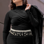 Plus Size Chain Belt for Women, Silver and White Faux Pearl Waist Belt, 49 Inch Adjustable Extra Long Body Decorate for Dresses, Party, Casual Wear, Fashion Jewelry Accessory