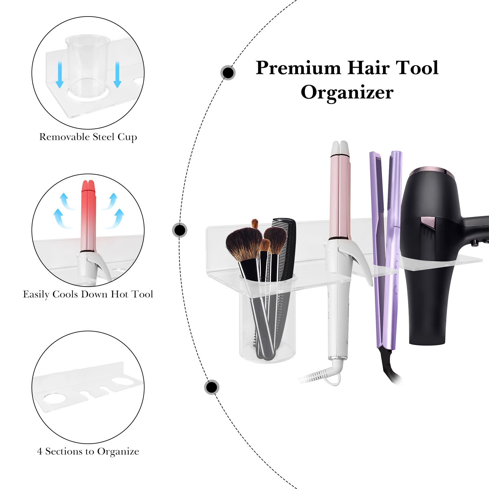 Linkidea Wall Mount Hands Free Blow Dryer Holder, Acrylic Dryer Stand with Storage Cup, Multi-Functional Hair Dryer Rack for Dyson Hair Dryer, Curling Wands, Hair Straighteners (Transparent)