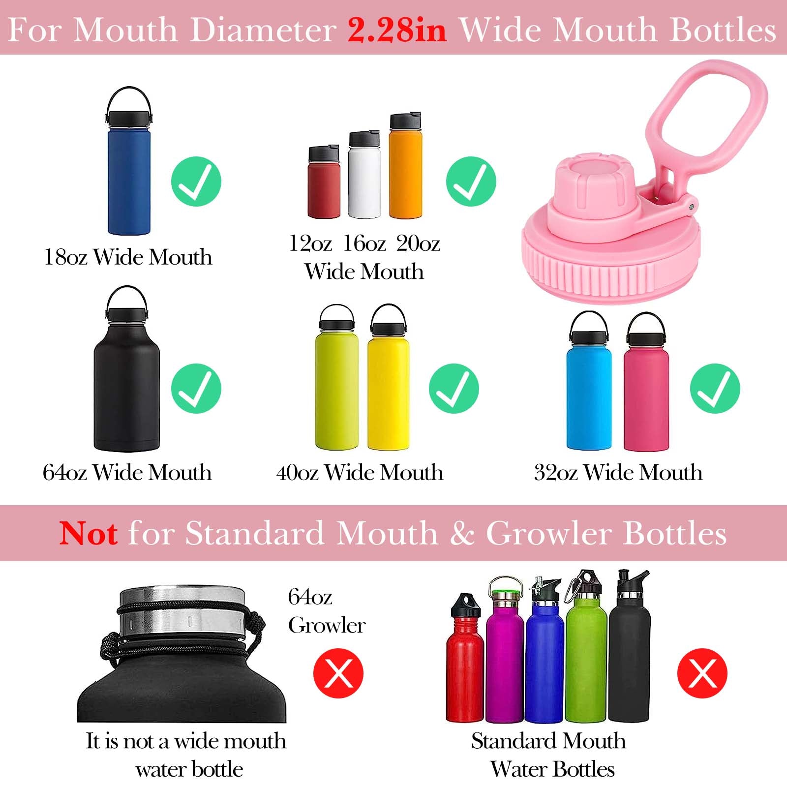 Linkidea 2 Pack Wide Mouth Water Bottle Lid with Handle Compatible with Hydro Flask Wide Mouth 12/16/18/20/32/40/64oz, Waterbottle Replacement Spout Lid (Light Pink)