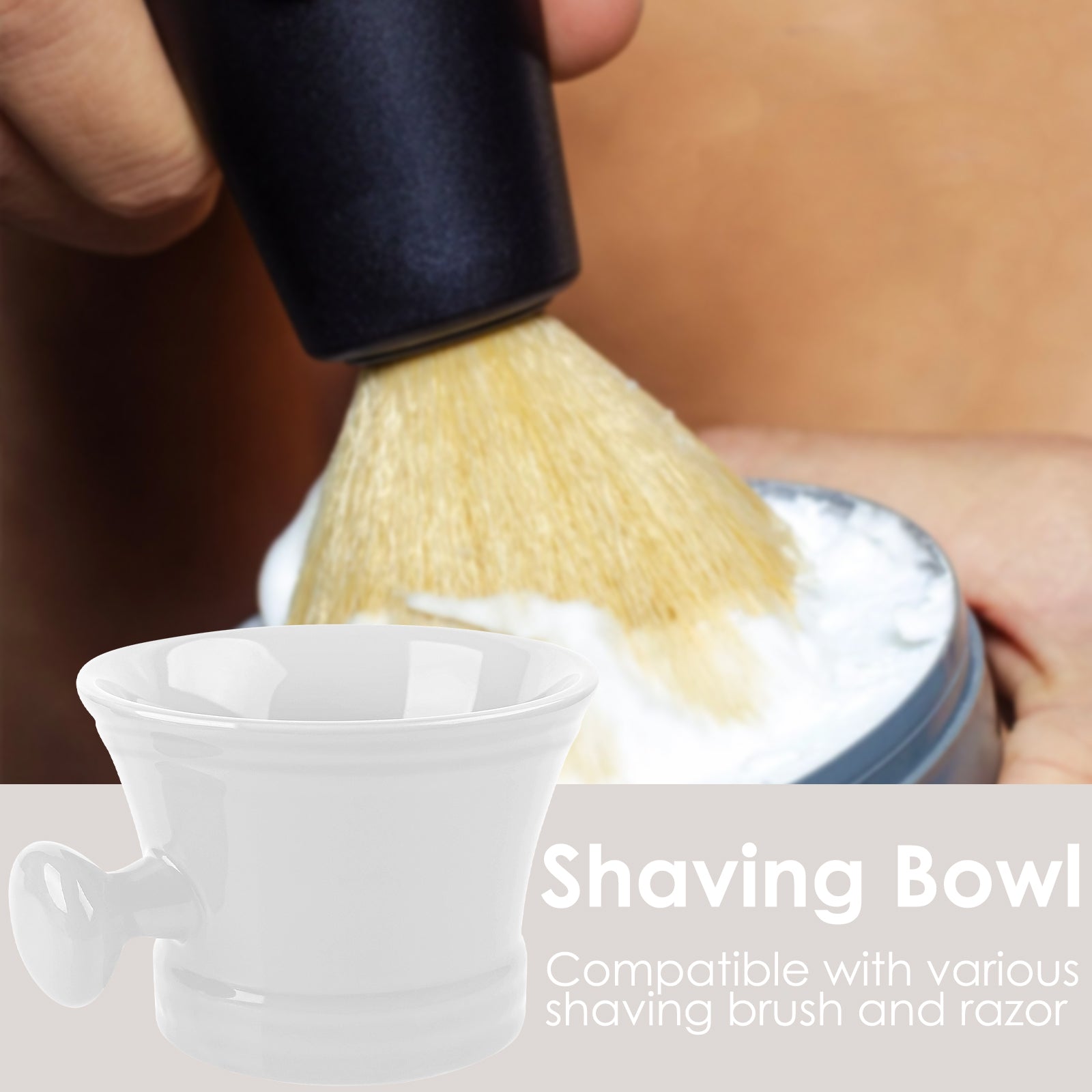 Linkidea Ceramic Shaving Mug with Knob Handle, Deep Lathering Bowl for Men, Wet Shaving Cup Compatible with Shaving Brushes, Razor Soap & Cream Holder, Grooming Accessory (White)