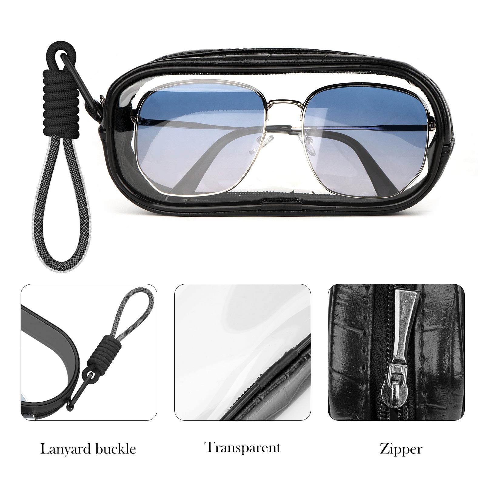 Extra Large Sunglasses Pouch Case with Hand Strap, Vegan Leather Sun Glasses Eyeglasses Organizer Soft Bag Compatible with CELINE CL40227U Versace VE4395 Gucci GG0595S GG0875S (XXL, Clear)