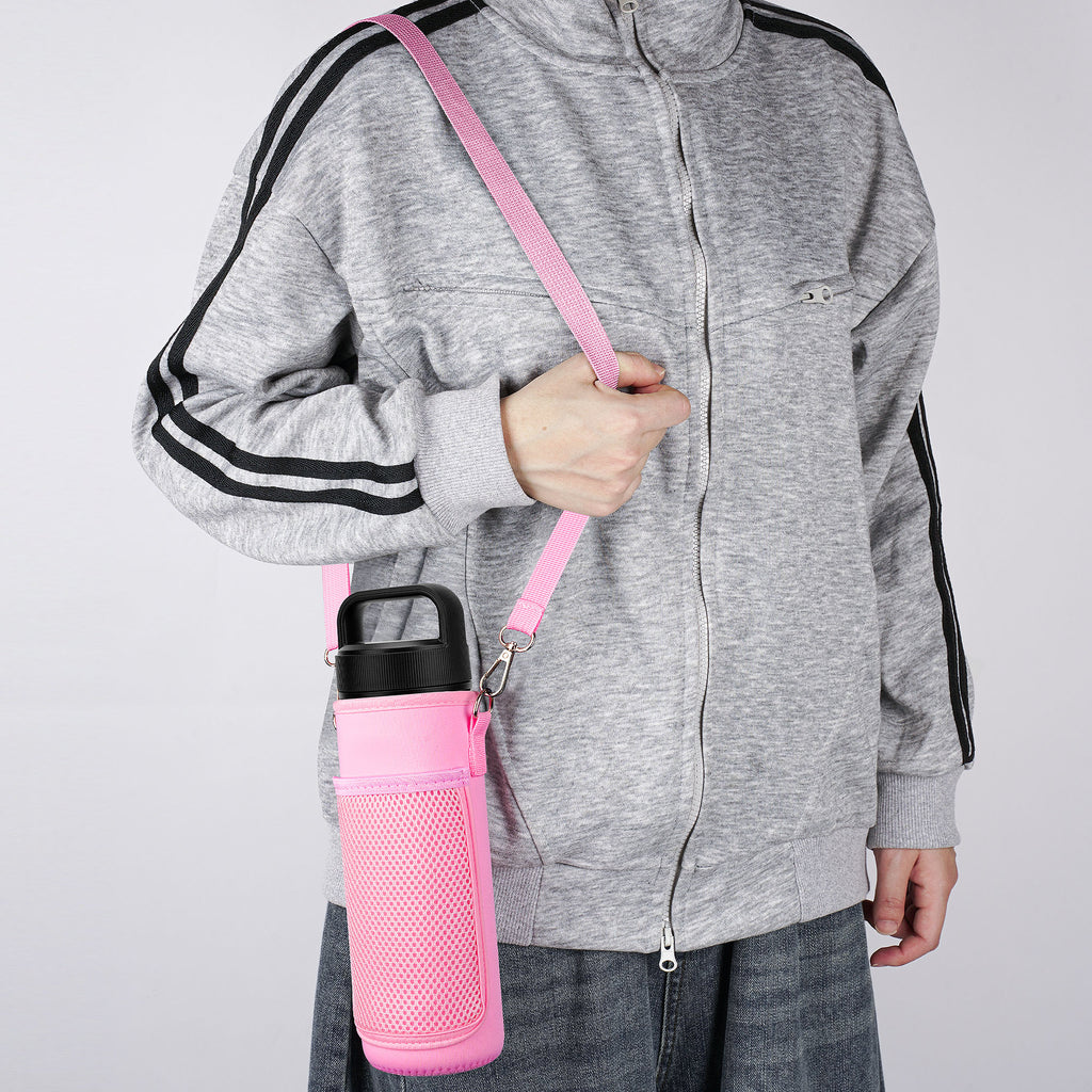 Linkidea Water Bottle Carrier with Shoulder Strap Compatible with YETI Rambler Bottle 26oz, Yonder 25oz, Waterbottle Sling Bag Holder with Mesh Phone Pocket, Pink