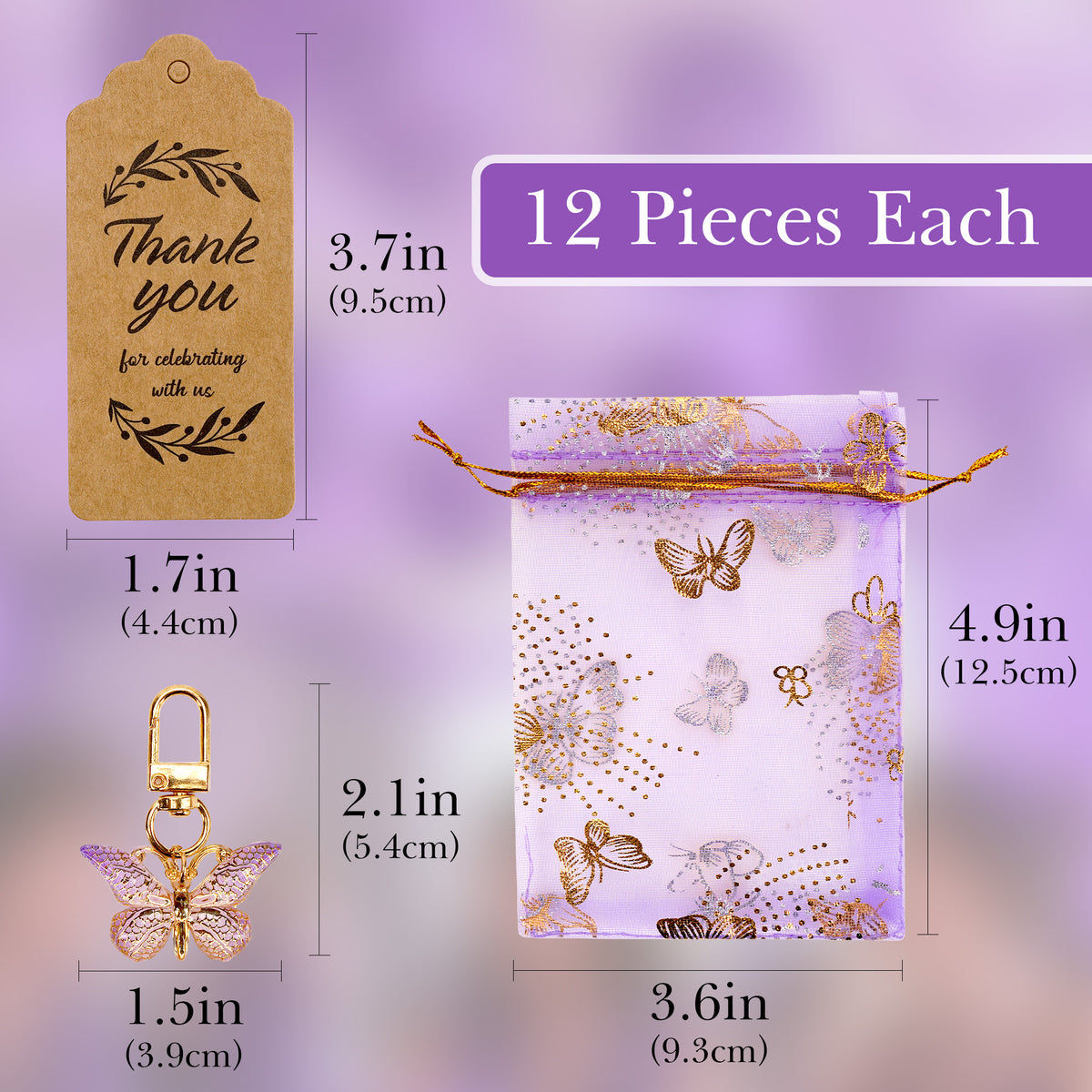 Linkidea 12 Pcs Butterfly Keychains with Thank You Tags, Party Favors, Butterfly Theme Event Favors, Backpack Charms, Bulk Keychains for Goodie Bags