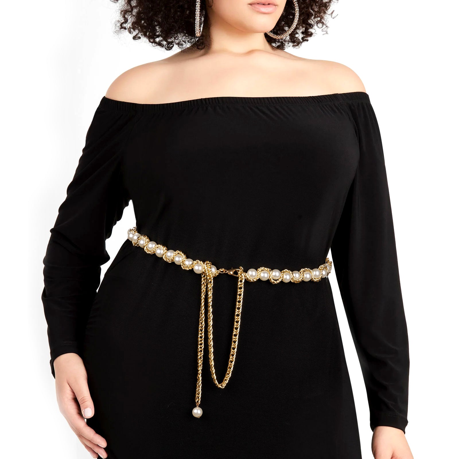 Plus Size Chain Belt for Women, Gold Color and White Faux Pearl Waist Chains, Extra Long Body Chain, 39-59 Inch Adjustable Chunky Belt Chain