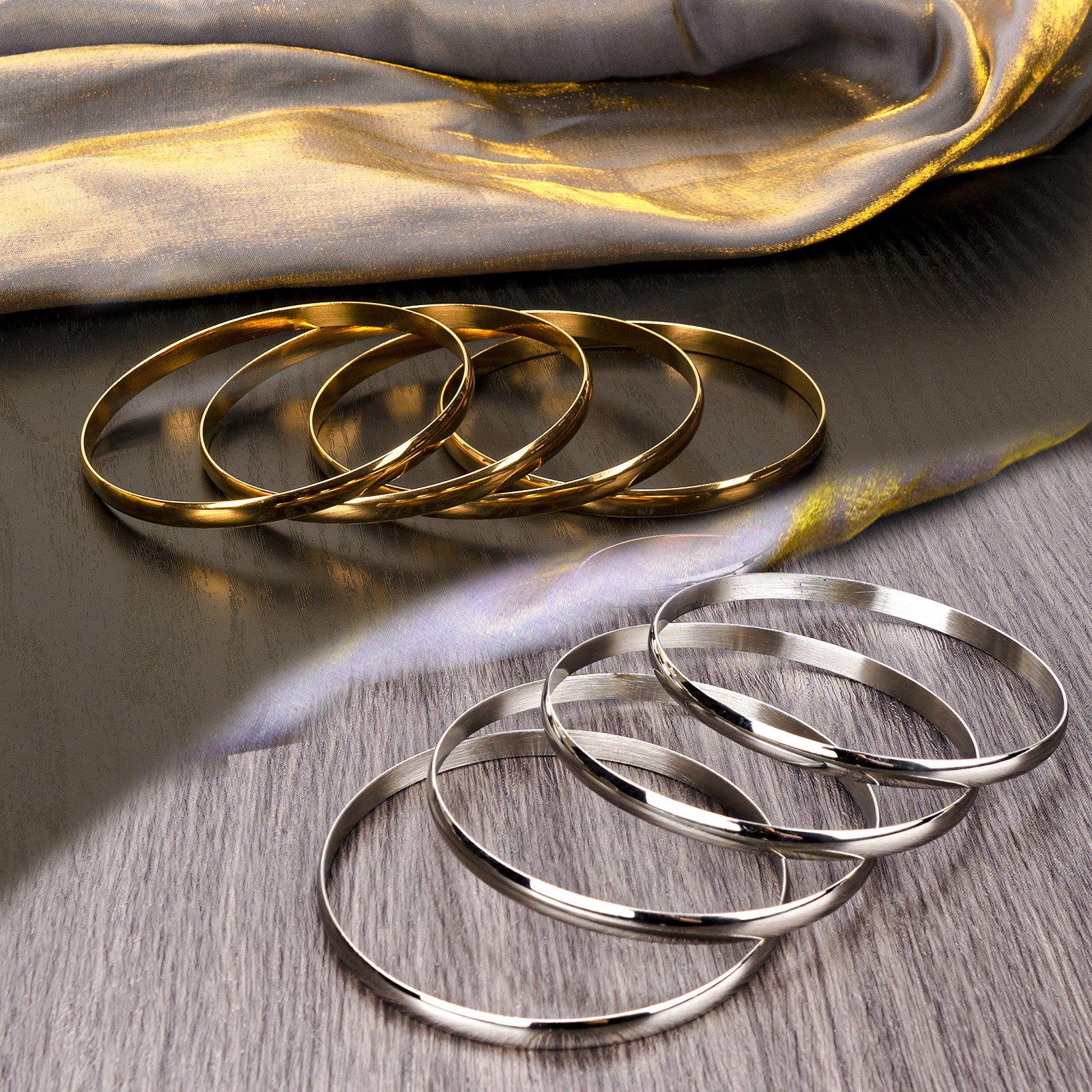 70 mm (2.76") Bangle Set for Women, 6 mm Wide Gold & Silver -Tone Stainless Steel Stackable Bracelets - Fits Palm Width up to ~100 mm