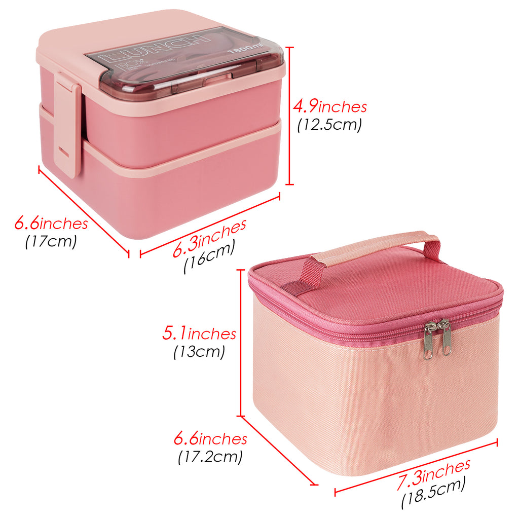 Linkidea Bento Box with Lunch Bag, Reusable Food Container with 2 Layers Multi Compartment and Flatware, Storage Box with Leak-Proof Lids Safe in Microwave/Dishwasher/Freezer (1800ML, Pink)