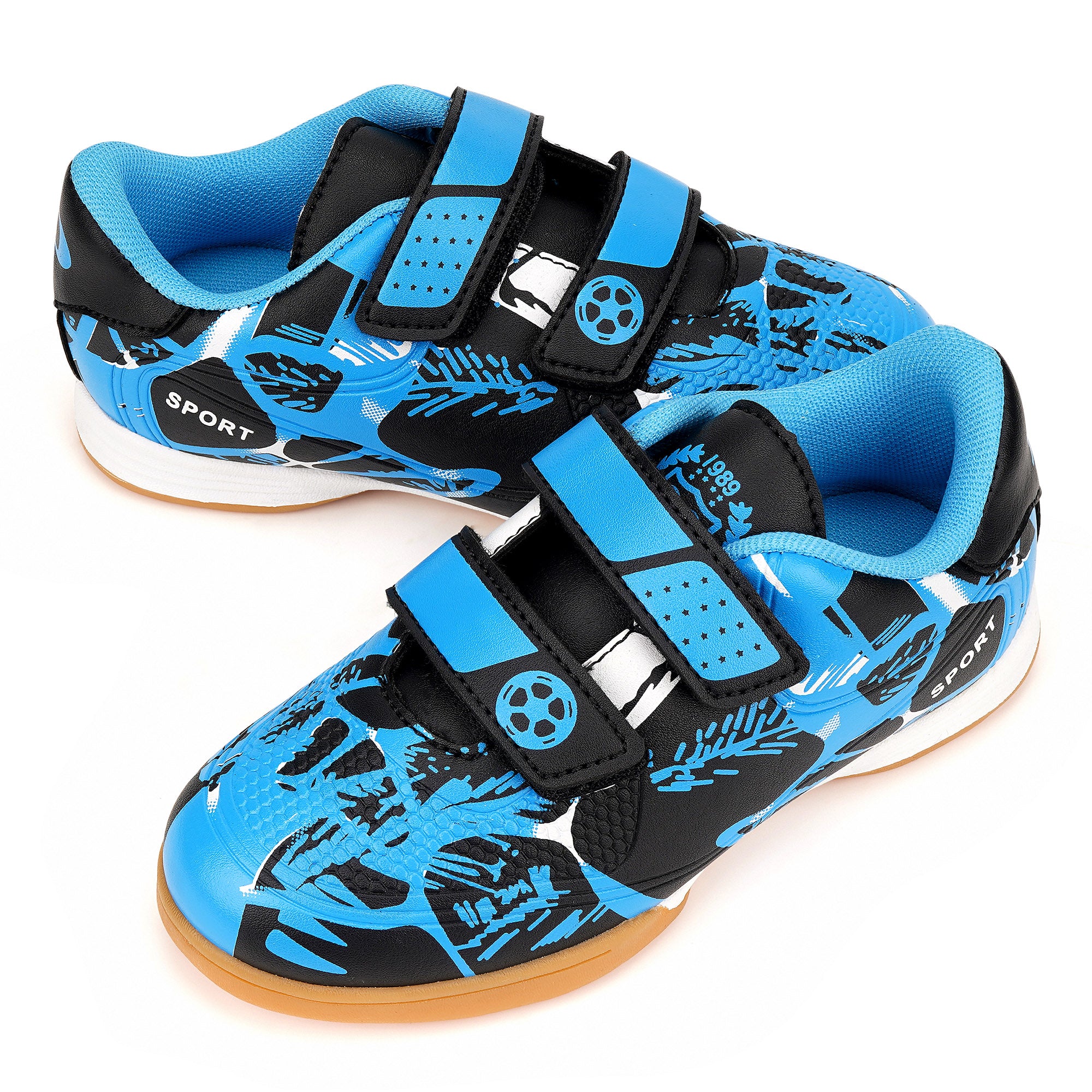 Linkidea Kids Laceless Indoor Soccer Shoes, Rubber Outsole Anti-Slip Sneaker, Futsal Training Cleats for Boys and Girls (Blue)