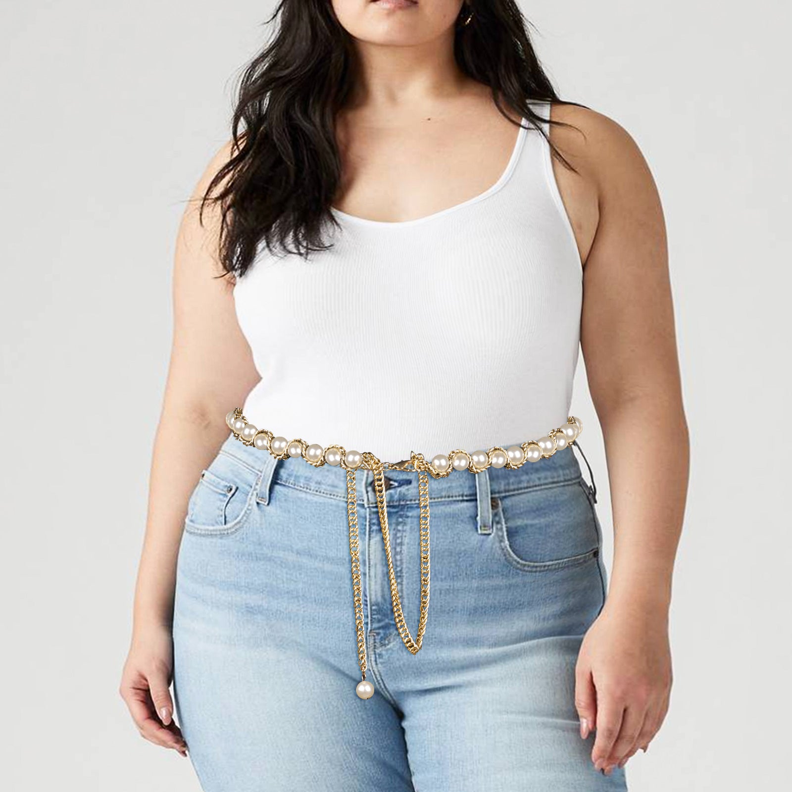Plus Size Chain Belt for Women, Gold Color and White Faux Pearl Waist Chains, Extra Long Body Chain, 31-51 Inch Adjustable Chunky Belt Chain