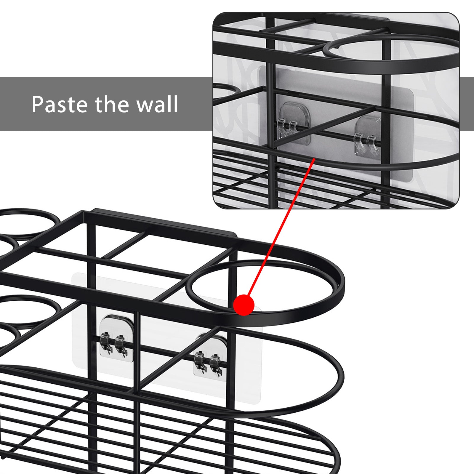 Linkidea Hair Tool Organizer with Hook, Self Adhesive Hair Dryer Holder for Bathroom, Blow Dryer Styling Tool Storage Basket for Bedroom (Black)