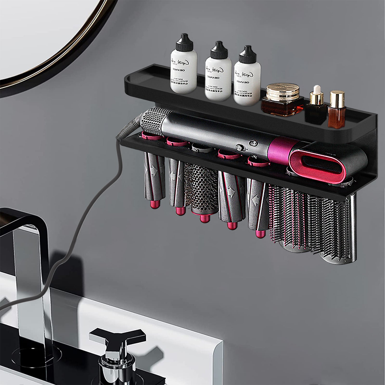 Linkidea Wall Mounted Stand Compatible with Dyson Airwrap, Hair Curling Iron Accessories Holder for Home Counter Bathroom Organizer (Black)