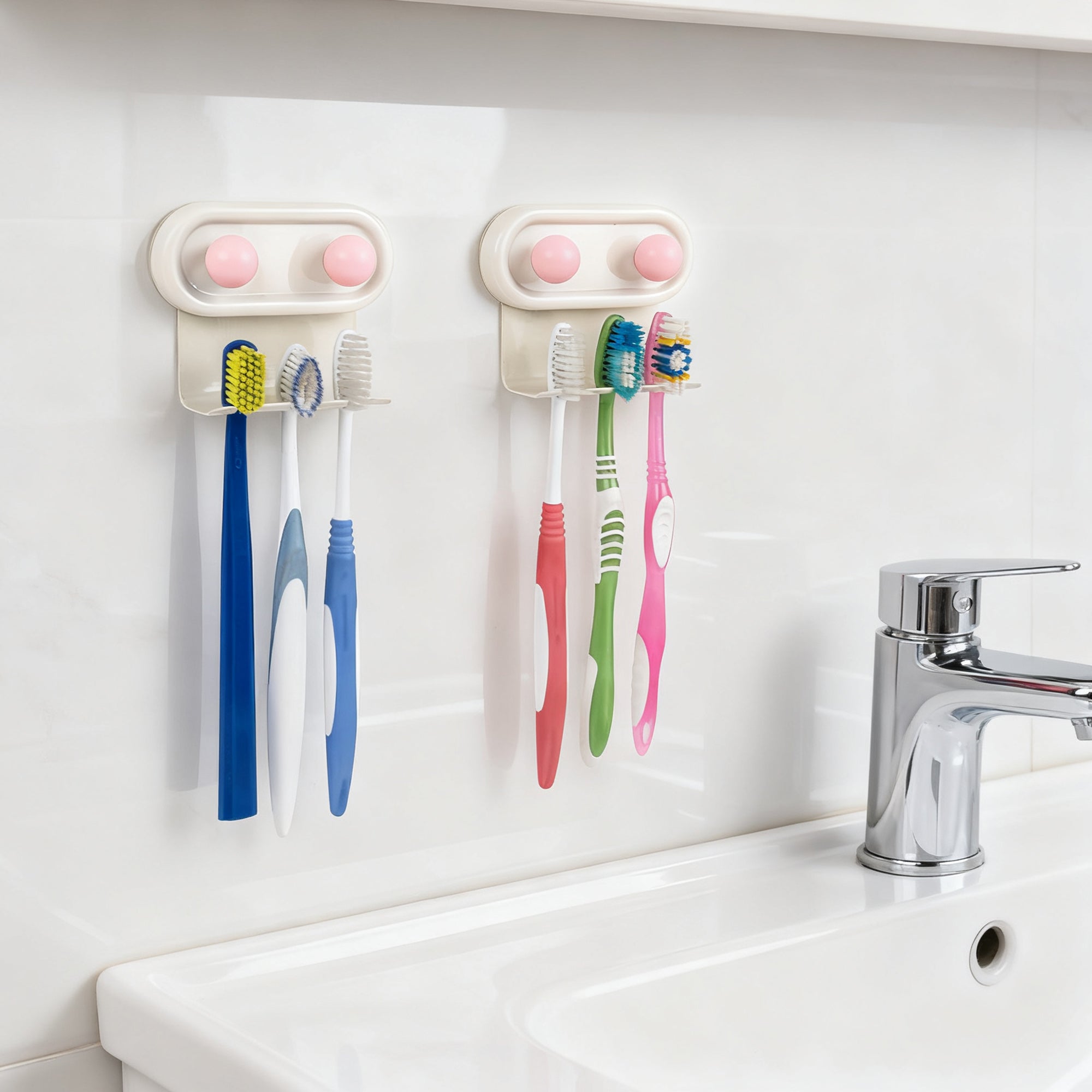 Linkidea 2 Pack Wall Mount Toothbrush Holder for Bathroom, 3 Slots Self Adhesive Iron Brush Hanger Compatible with Oral-B CrossAction, Colgate ExtraClean(Pink Dot)