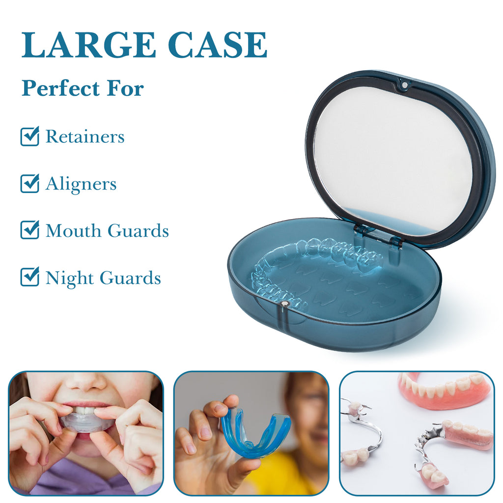 Linkidea Double-layer Storage Case with Mirror for Retainer, Portable Aligner Container Box with Removal Tool, Brush, Child Mouth Guard Denture Holder with Magnetic Closure (Blue)