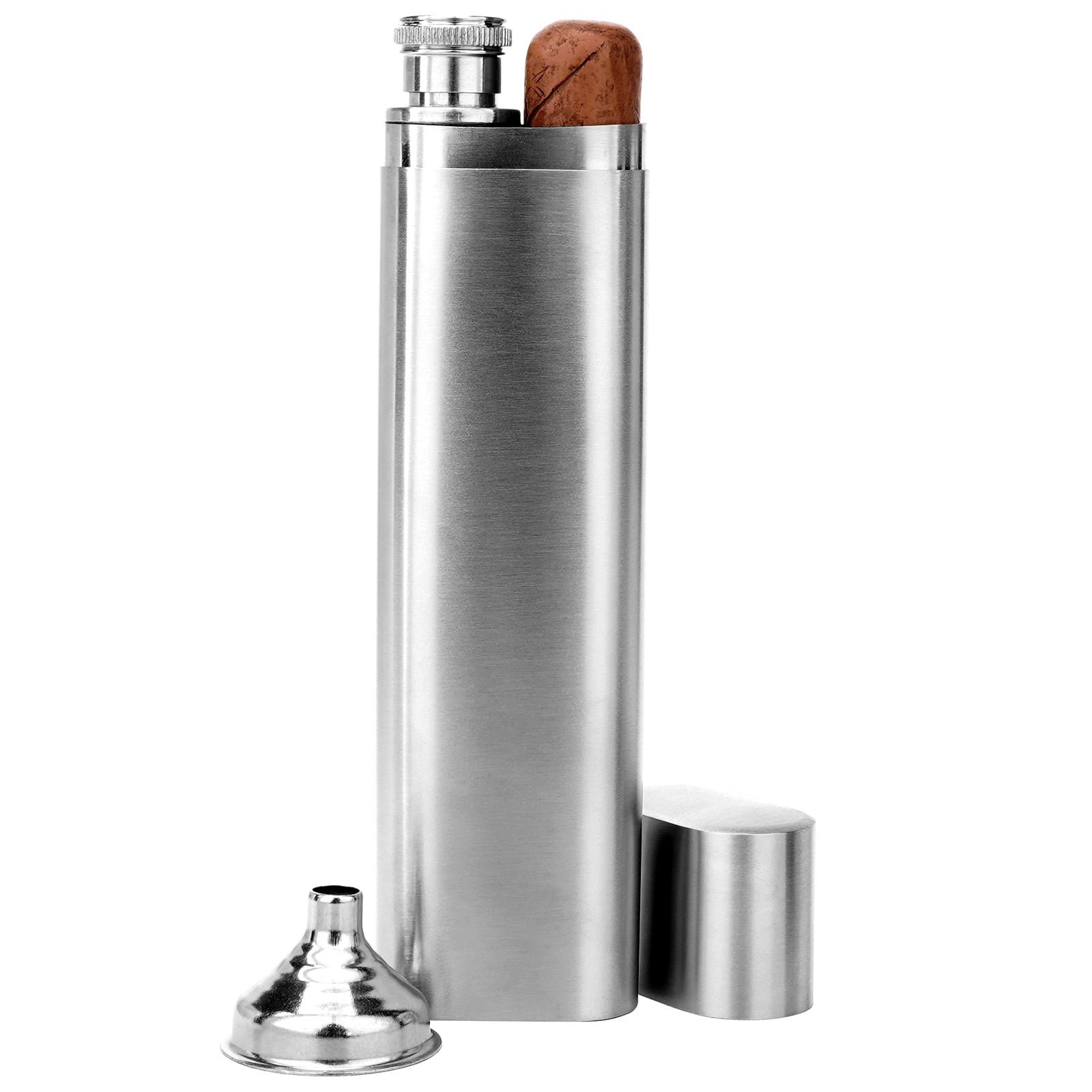 Linkidea 2 Oz Hip Flask Cigar Holder with Funnel, Single Tube Stainless Steel Cigar Tube, Alcohol Container Carrying Storage Case for Travel (Silver)