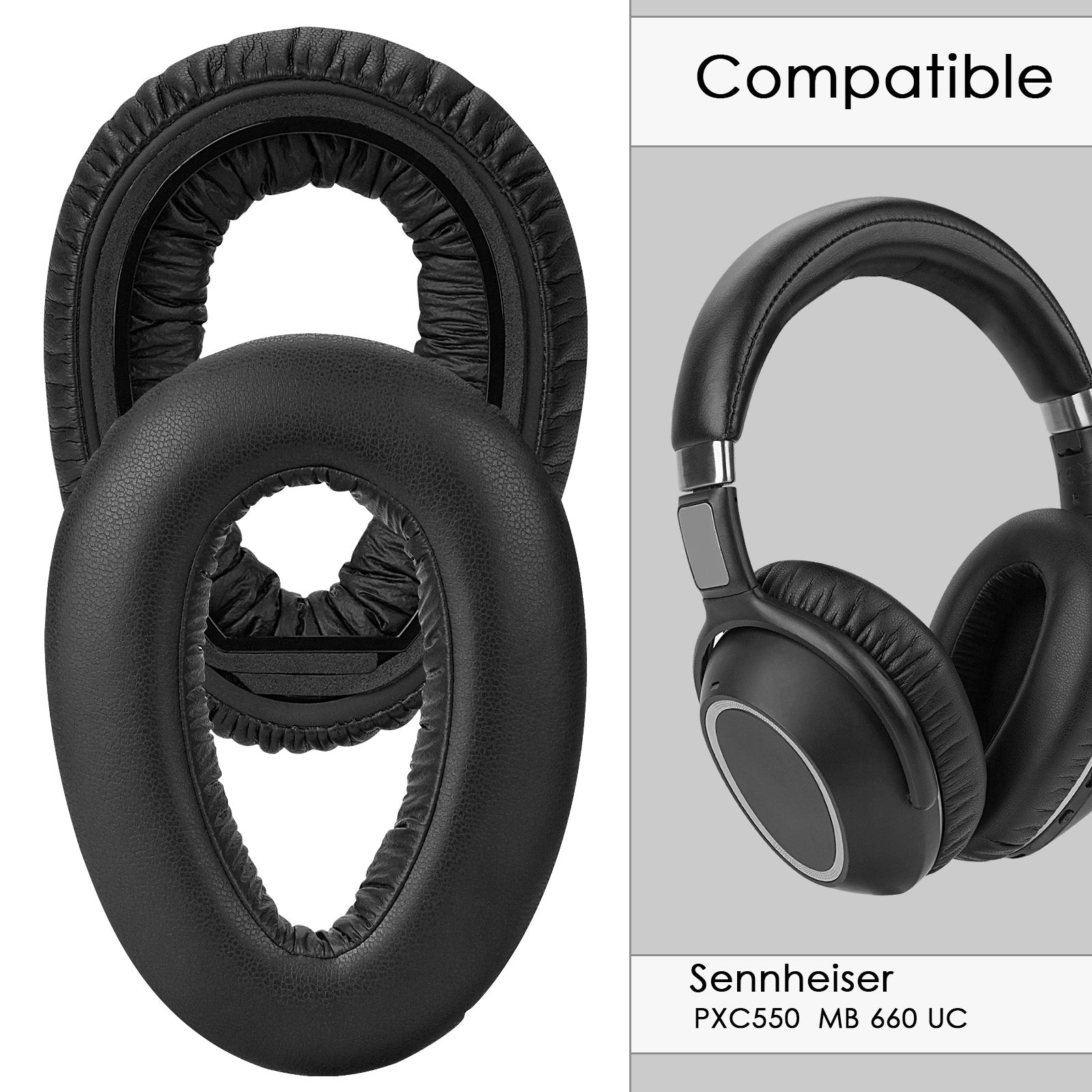 Linkidea Replacement Ear Pads for Sennheiser PXC 550/ PXC 550-II Wireless, MB660UC/ MB660MC Headphones Ear Cushions, Headset Earpads (Protein Leather / Black)