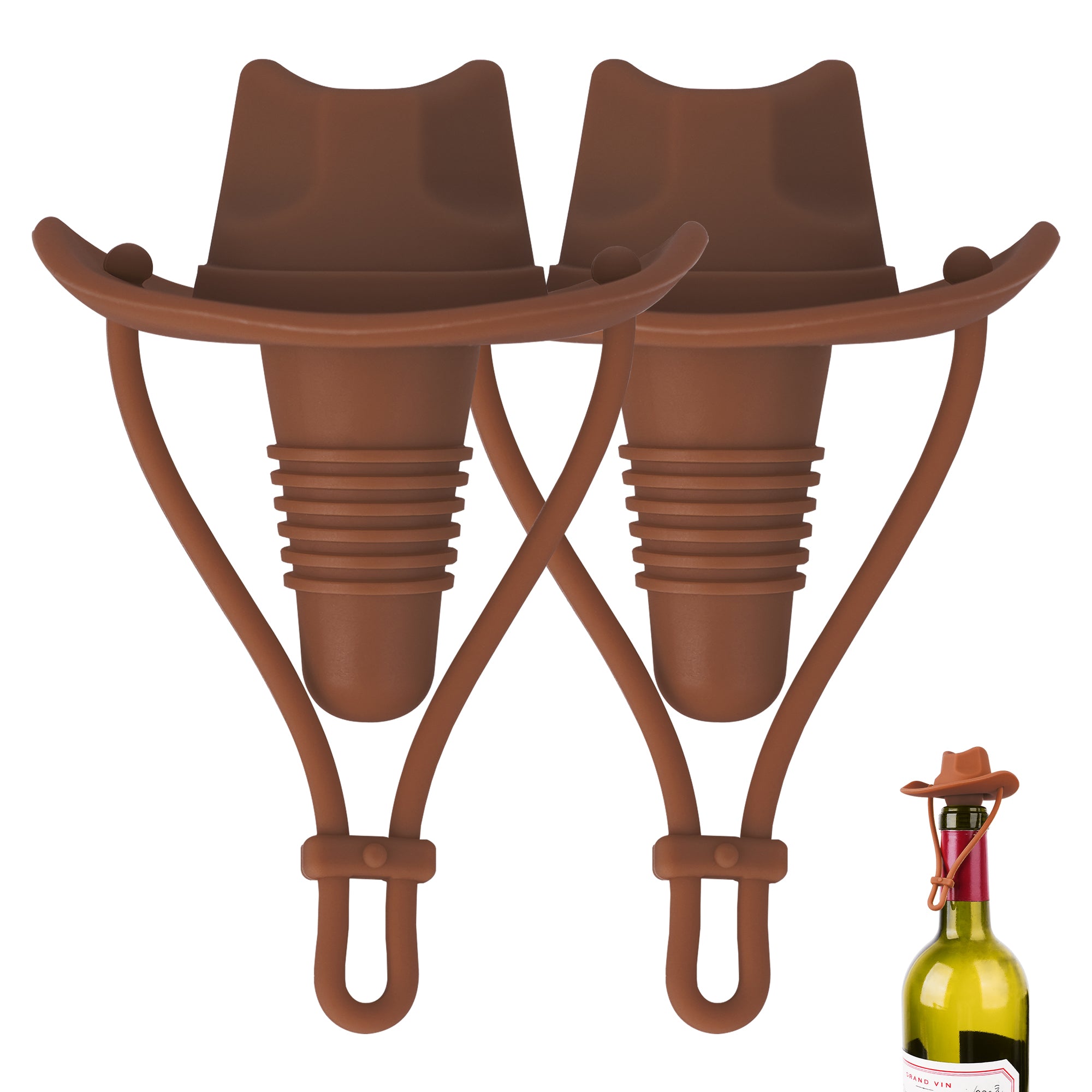 Linkidea 2 Pack Silicone Cowboy Style Bottle Stoppers, Reusable Fun Cap Sealers to Keep Drinks Fresh, Unique Gifts for Boyfriend, Dad, Friends (Brown)