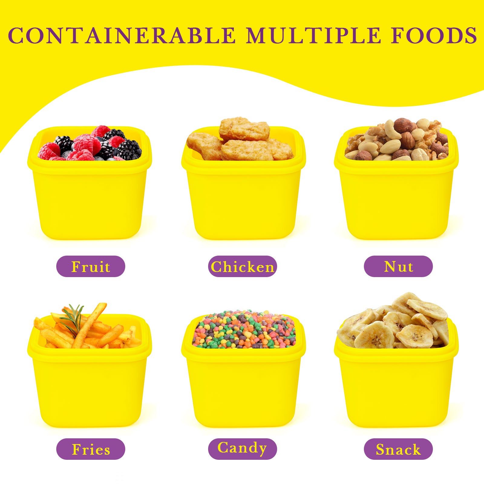 Linkidea 2 Pack Silicone Snack Container to Go with Lid, 150ML Square Small Containers for Travel, Fruit Cereals Container for Lunch (Yellow & Pink)