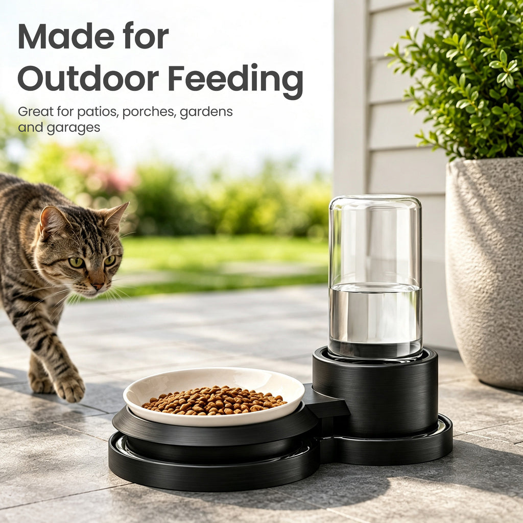 Elevated Cat Bowl Stand with Water Moat Ant Barrier, Raised Food Dish Holder, Pest Deterrent Feeding Station for Indoor/Outdoor Cats, Base Keeps Ants Away from Kibble and Wet Meals