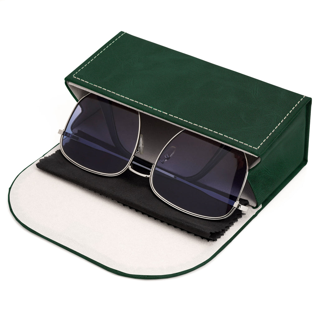 Extra Large Sunglasses Pouch Case, Green Vegan Leather Eyewear Organizer Soft Bag Compatible with Rayban RB4401D/RBS0101S/RB8097/RB8089/RB4098