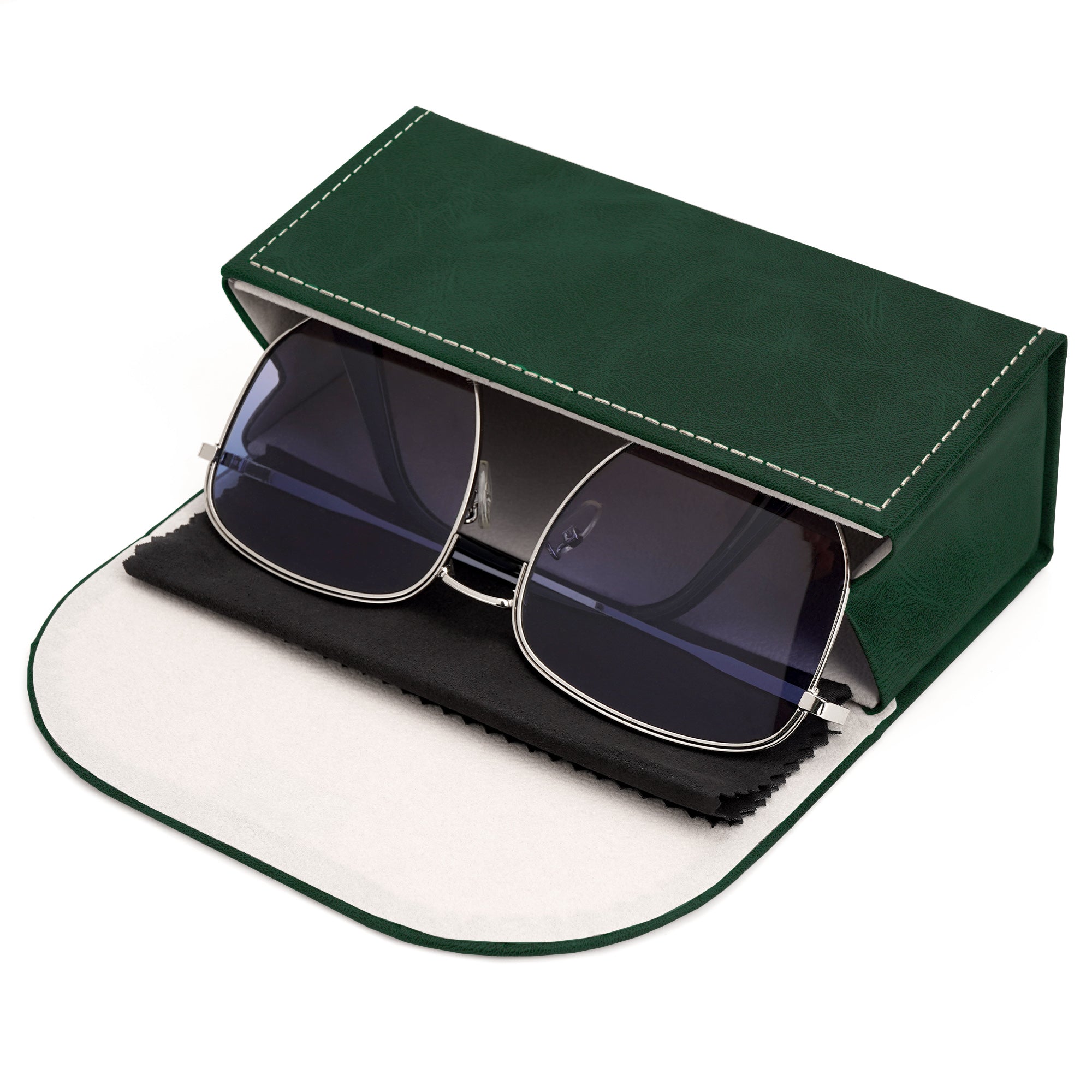 Extra Large Sunglasses Pouch Case, Green Vegan Leather Eyewear Organizer Soft Bag Compatible with Rayban RB4401D/RBS0101S/RB8097/RB8089/RB4098