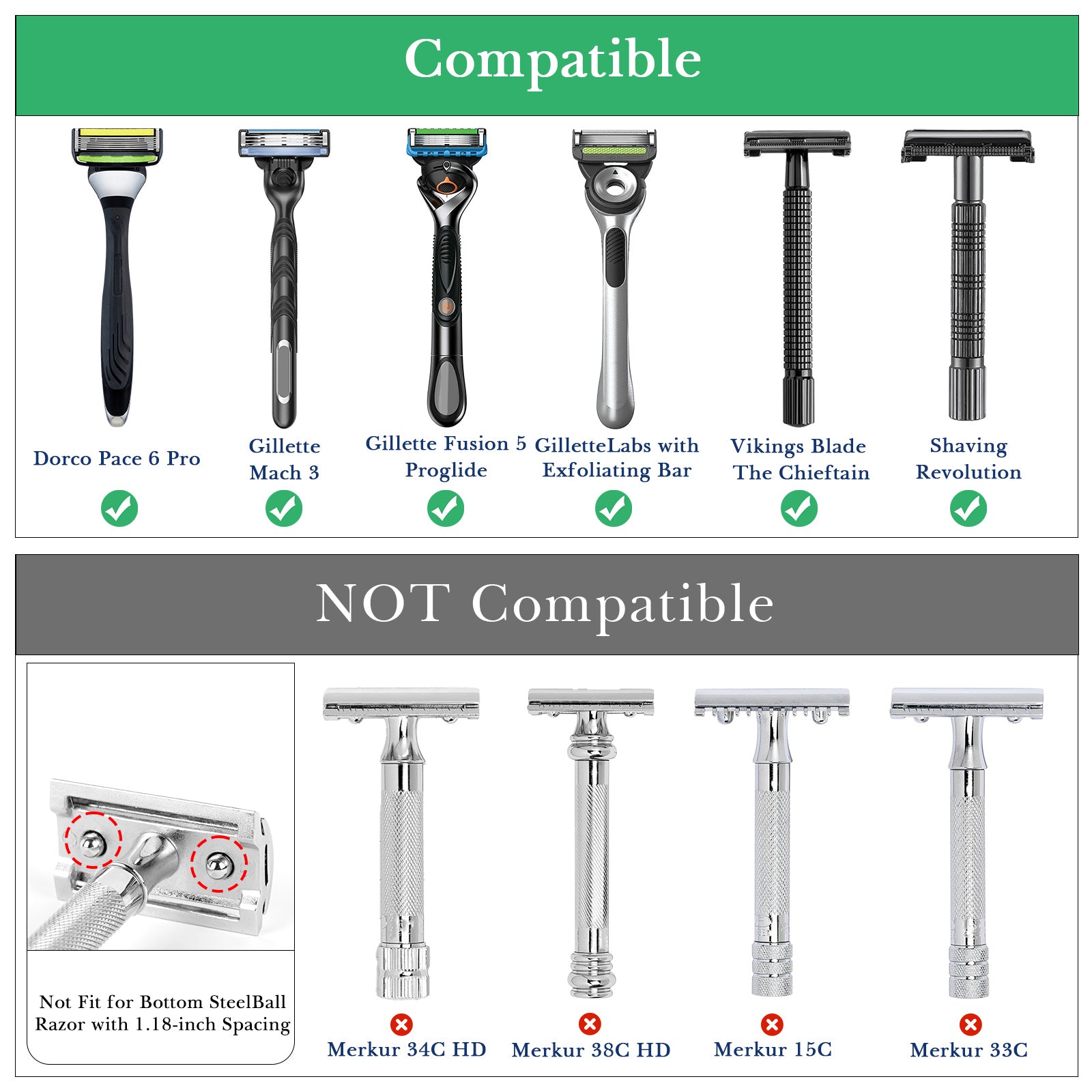 Linkidea 2 Pack Stainless Steel Safety Razor Stand, Travel Shaving Stand, Compatible with Gillette Fusion 5, ProShield, Mach 3 Long Handle Razor (Silver/Polished Chrome)